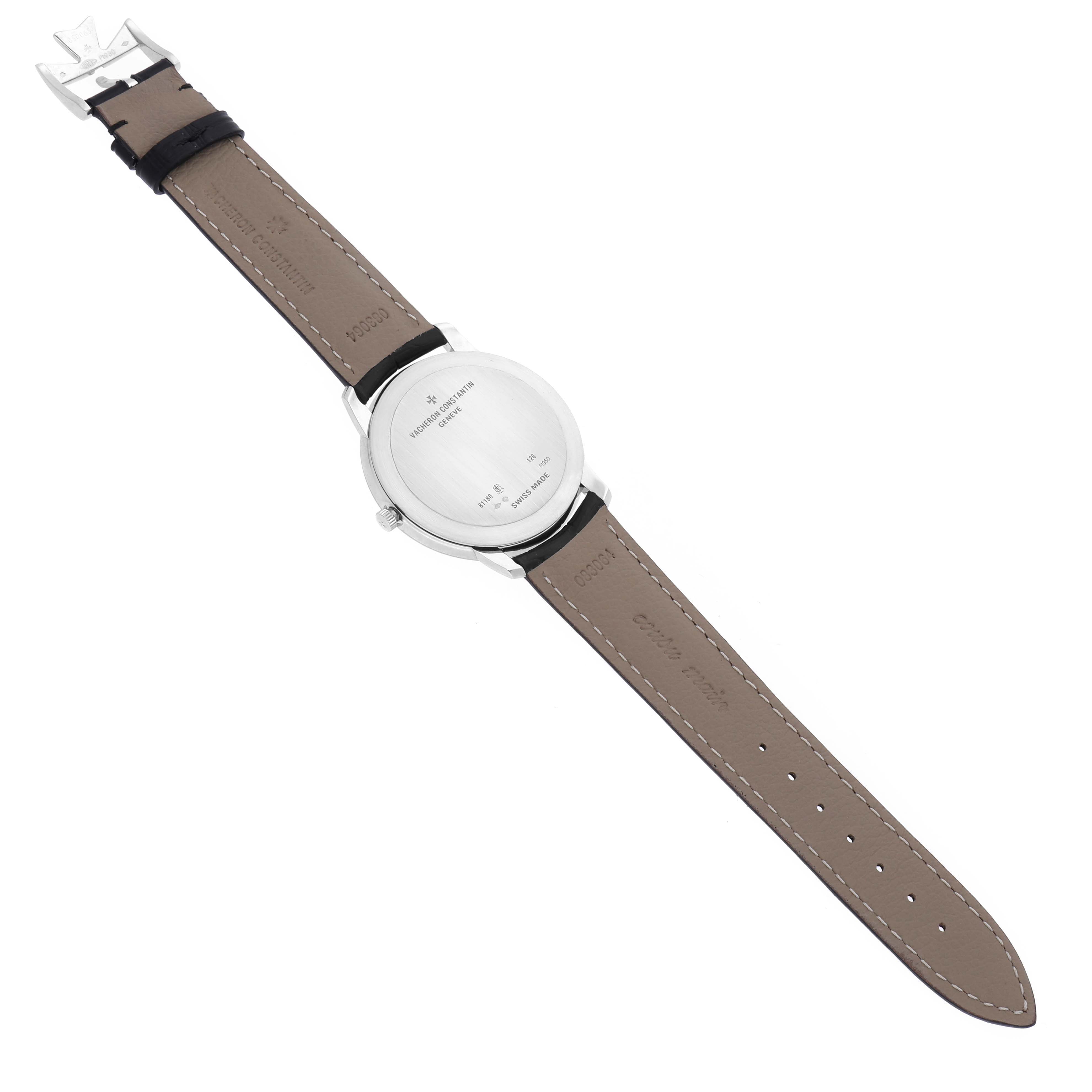 The image displays the back view of a Vacheron Constantin Patrimony 81180/000P-9539 Men's Platinum Grey Dial 81180/000P-9539 Men's Platinum Grey Dial watch, showcasing its case back and leather strap.