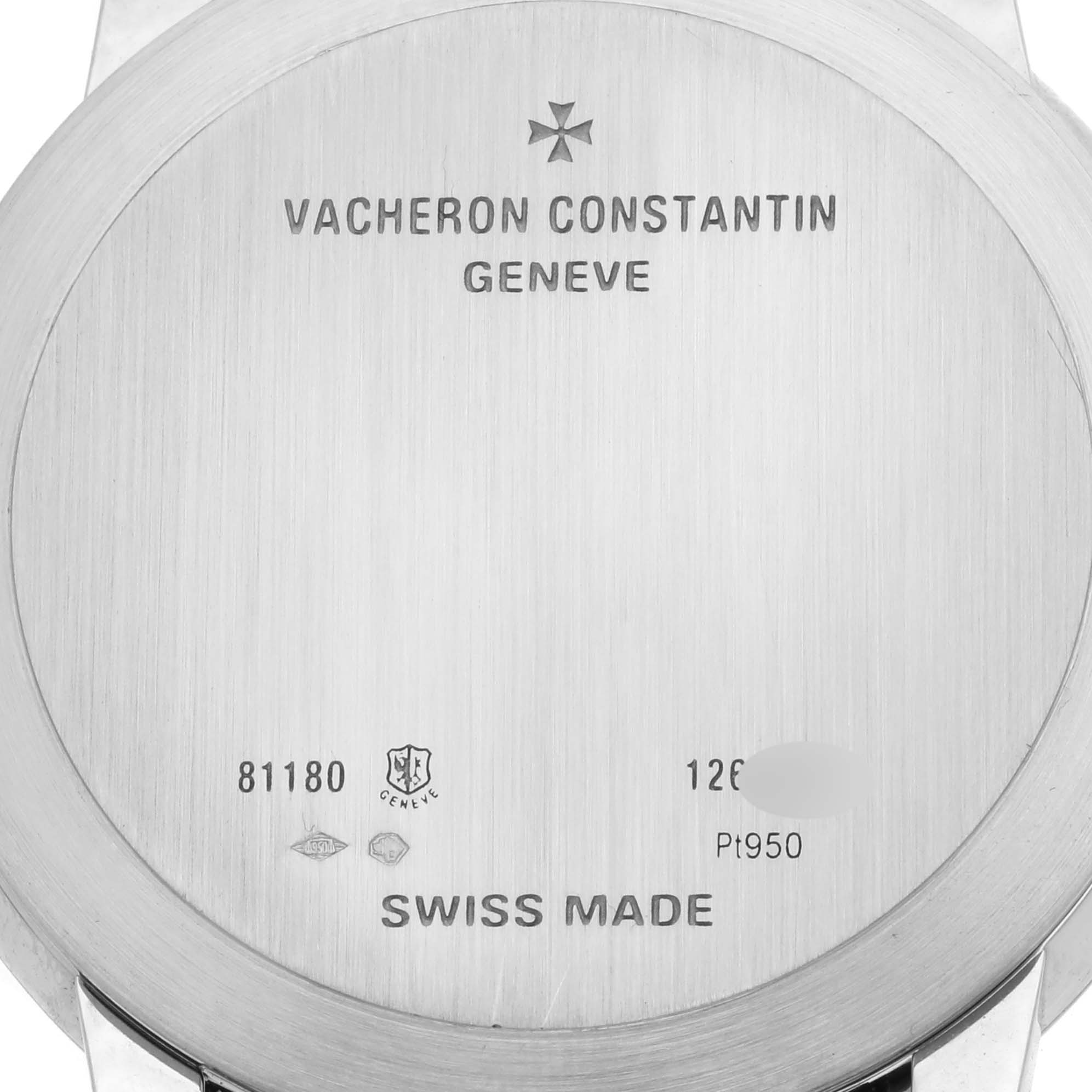 The image shows the back case of a Vacheron Constantin Patrimony 81180/000P-9539 Men's Platinum Grey Dial 81180/000P-9539 Men's Platinum Grey Dial watch, highlighting model details and brand engraving.