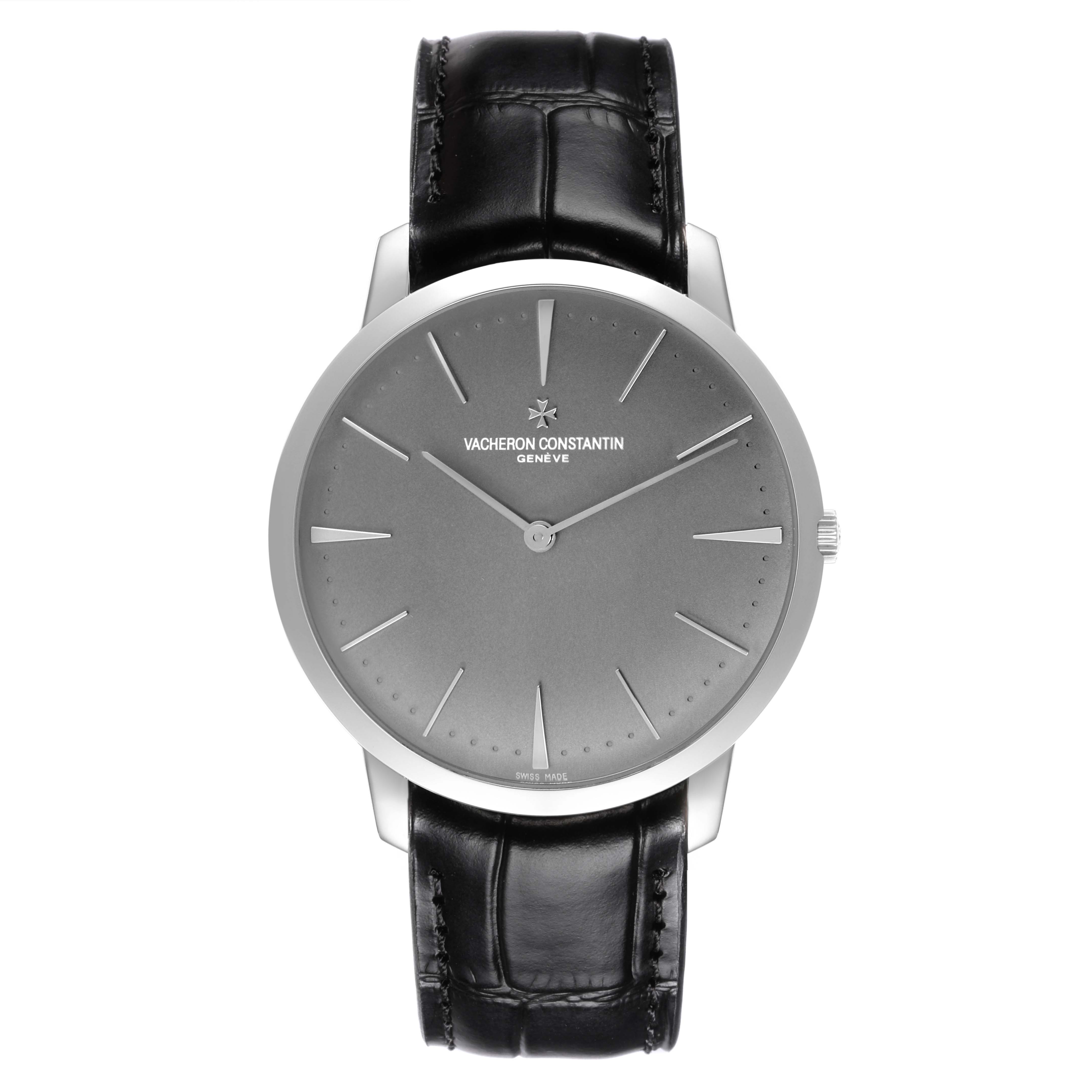 The Vacheron Constantin Patrimony 81180/000P-9539 Men's Platinum Grey Dial 81180/000P-9539 Men's Platinum Grey Dial watch is shown from a front angle, displaying its face and leather strap.