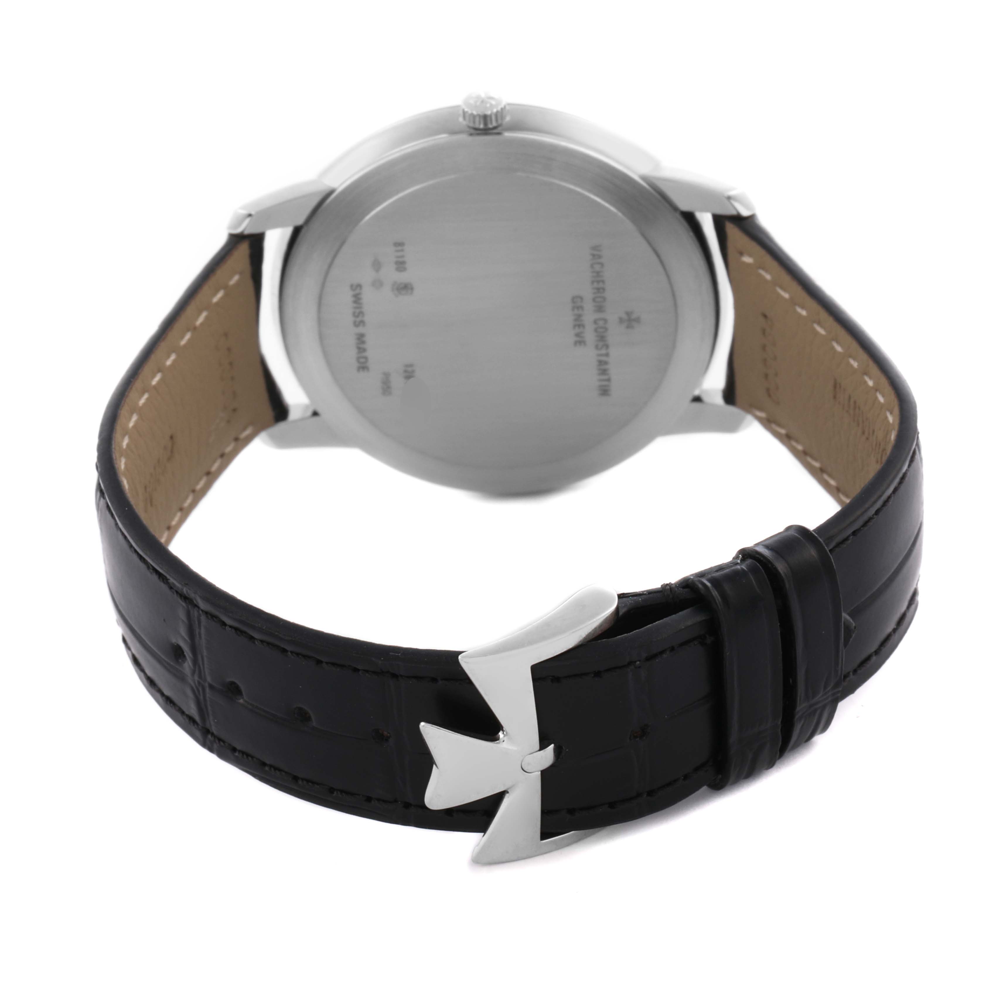 The image shows the back of the Vacheron Constantin Patrimony 81180/000P-9539 Men's Platinum Grey Dial 81180/000P-9539 Men's Platinum Grey Dial watch, highlighting the case back, black leather strap, and distinctive buckle.
