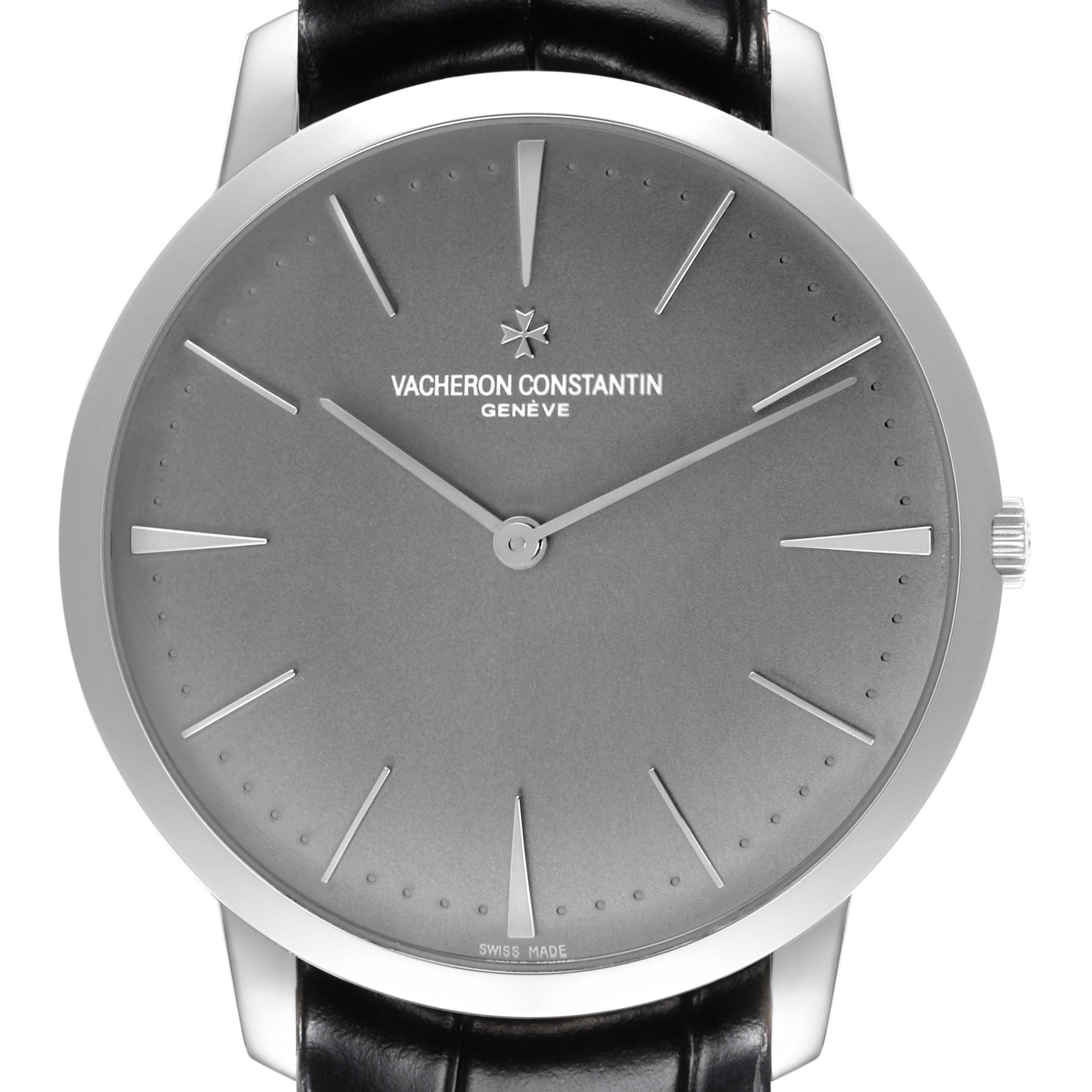 The image shows a front view of the Vacheron Constantin Patrimony 81180/000P-9539 Men's Platinum Grey Dial 81180/000P-9539 Men's Platinum Grey Dial watch, highlighting the dial, hands, case, and crown.