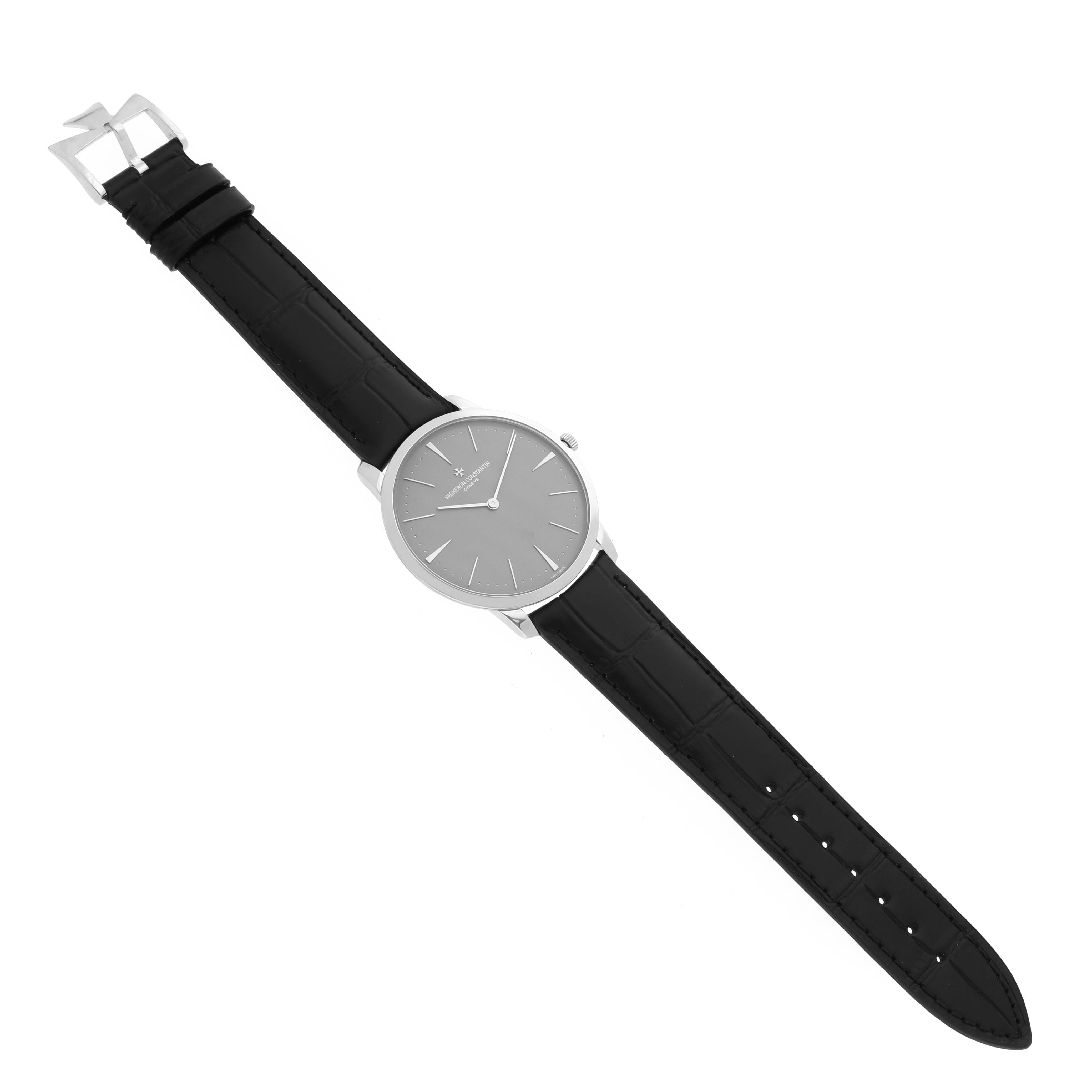 The Vacheron Constantin Patrimony 81180/000P-9539 Men's Platinum Grey Dial 81180/000P-9539 Men's Platinum Grey Dial watch is shown from a slightly angled top view, displaying the dial, case, and leather strap.