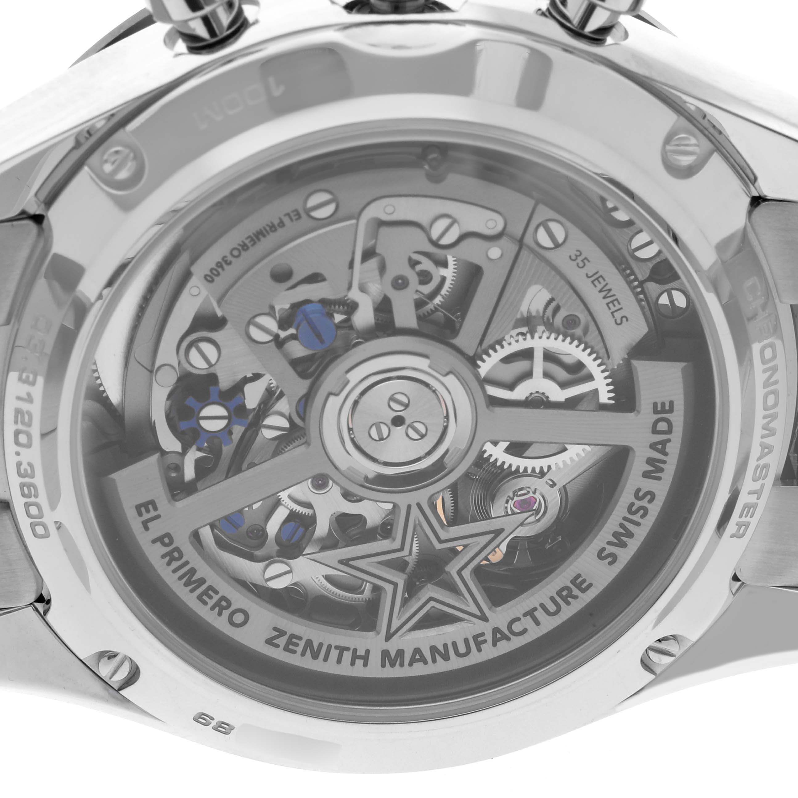 The image shows the back view of a Zenith Chronomaster 03.3120.3600/76.M3100 Men
s Stainless Steel Silver Dial 03.3120.3600/76.M3100 Men
s Stainless Steel Silver Dial watch, revealing its intricate movement and internal components.