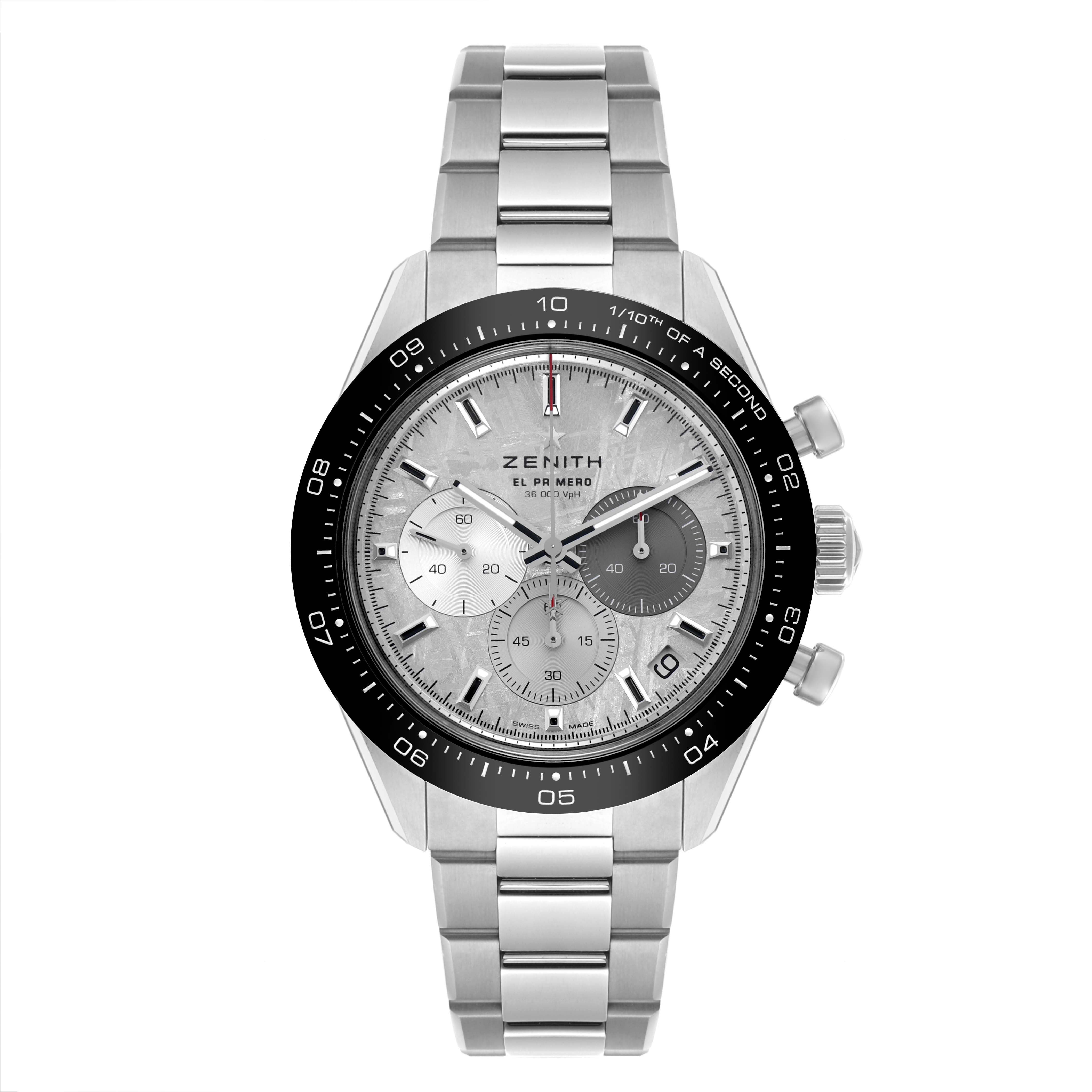 The Zenith Chronomaster 03.3120.3600/76.M3100 Men
s Stainless Steel Silver Dial 03.3120.3600/76.M3100 Men
s Stainless Steel Silver Dial watch is shown from a top view, displaying the full dial, bezel, and bracelet.