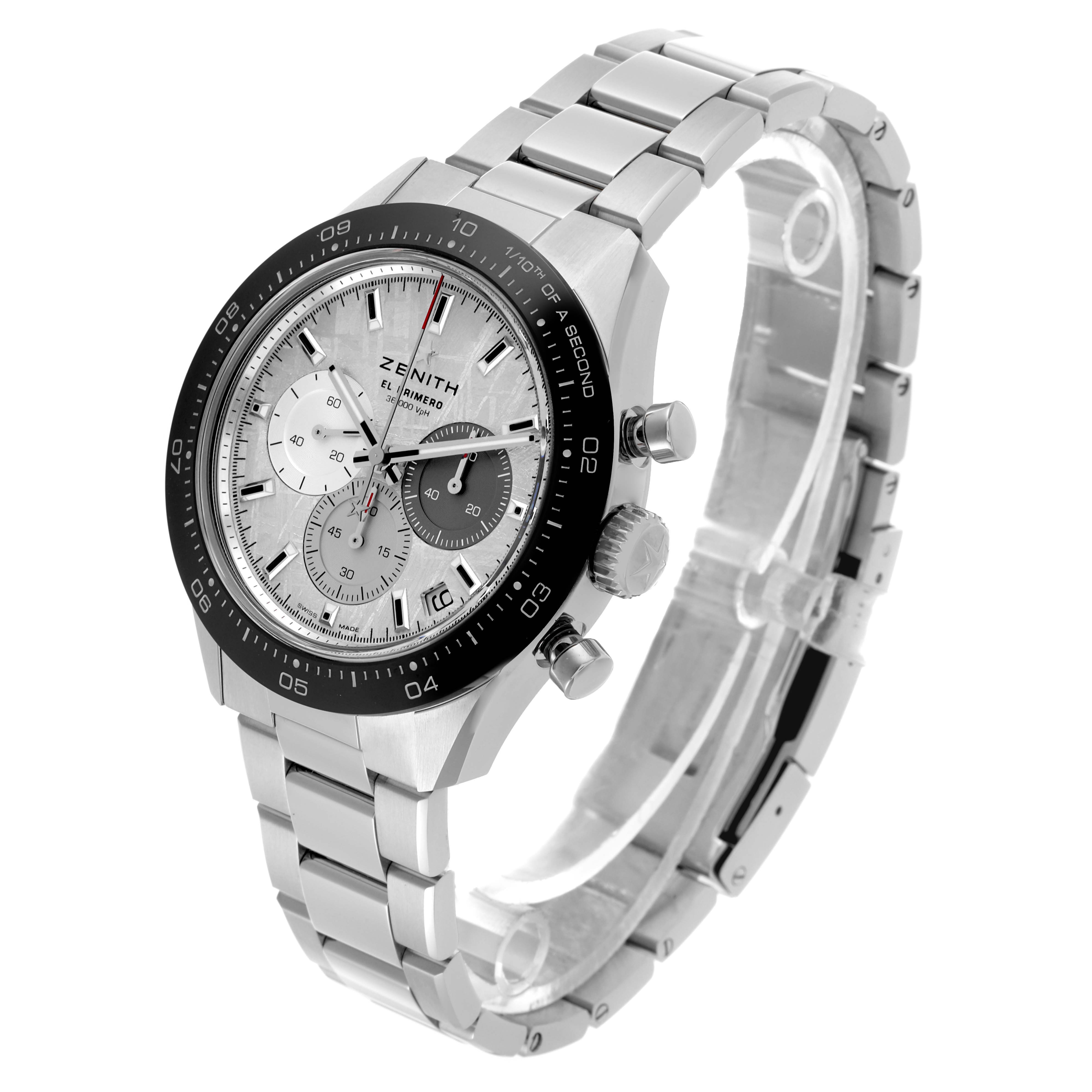 The Zenith Chronomaster 03.3120.3600/76.M3100 Men
s Stainless Steel Silver Dial 03.3120.3600/76.M3100 Men
s Stainless Steel Silver Dial watch is shown at a three-quarters angle, highlighting the bezel, dials, and bracelet.