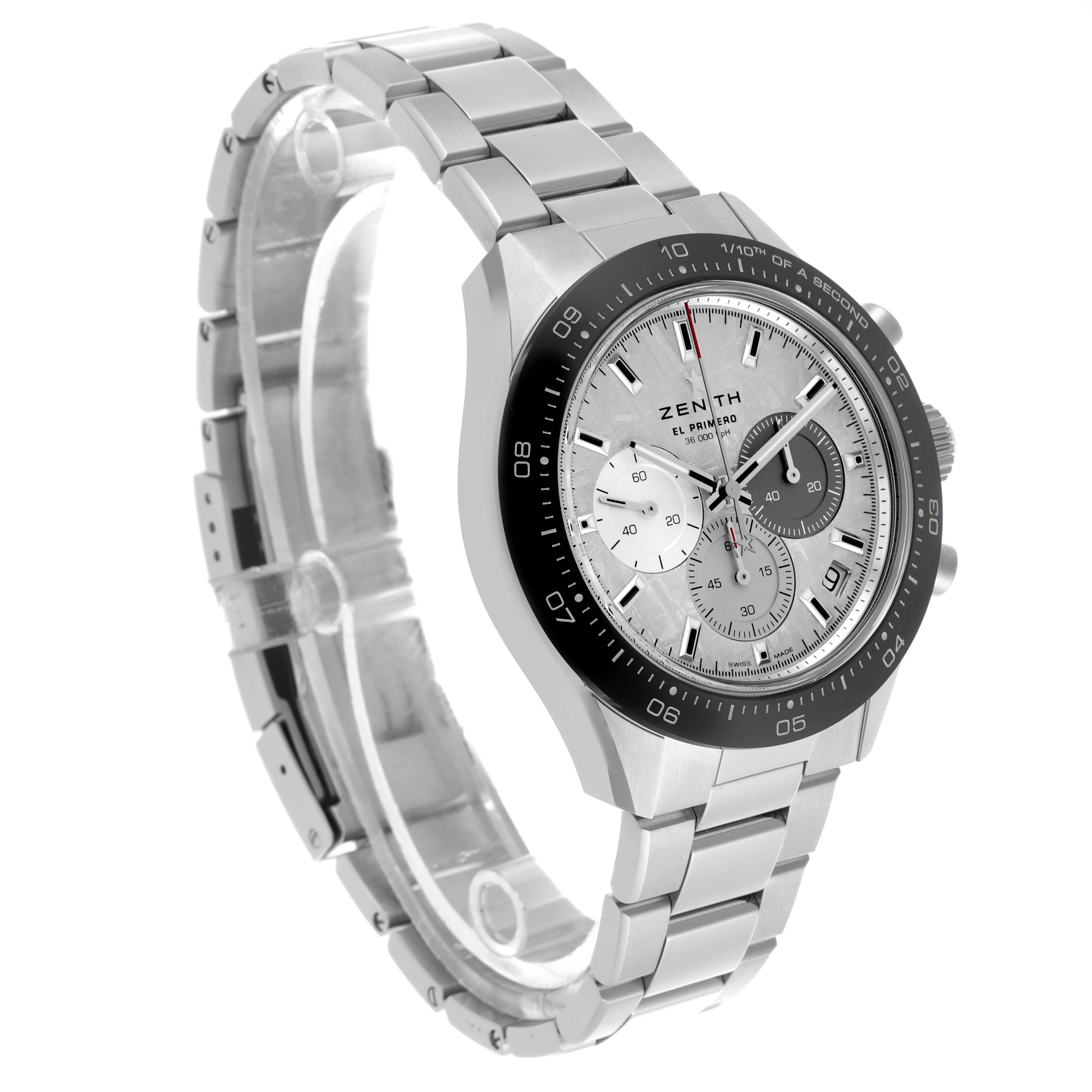 The Zenith Chronomaster 03.3120.3600/76.M3100 Men
s Stainless Steel Silver Dial 03.3120.3600/76.M3100 Men
s Stainless Steel Silver Dial watch is shown at a three-quarter angle, highlighting the face, chronograph dials, bezel, and bracelet.