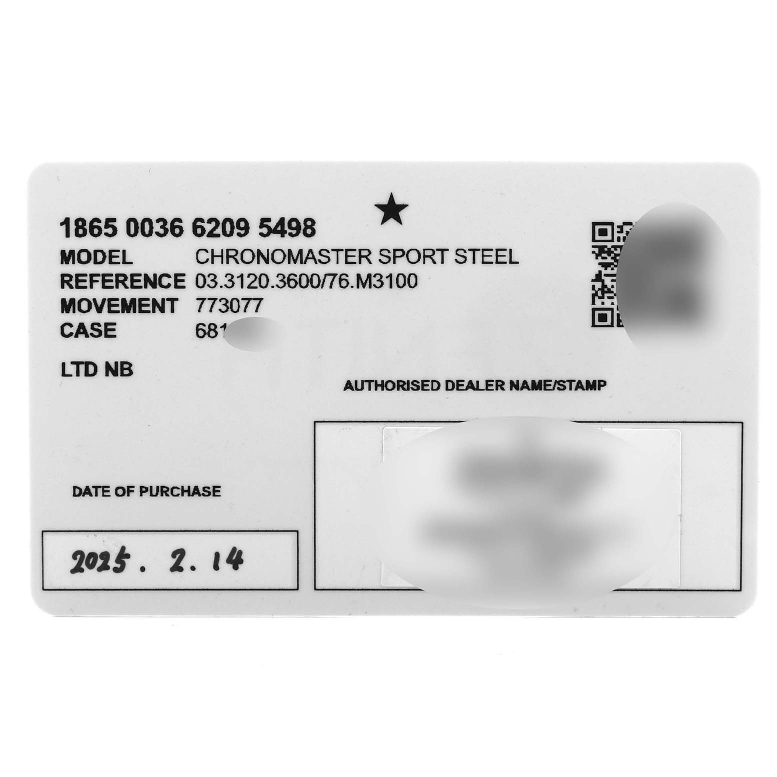 The image shows a warranty card for the Zenith Chronomaster 03.3120.3600/76.M3100 Men
s Stainless Steel Silver Dial 03.3120.3600/76.M3100 Men
s Stainless Steel Silver Dial model, detailing specifications and purchase information.