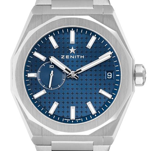 The image shows a Zenith Defy 03.9300.3620 Men's Stainless Steel Blue Dial watch from a front view, highlighting the blue textured dial, hour markers, hands, and crown.