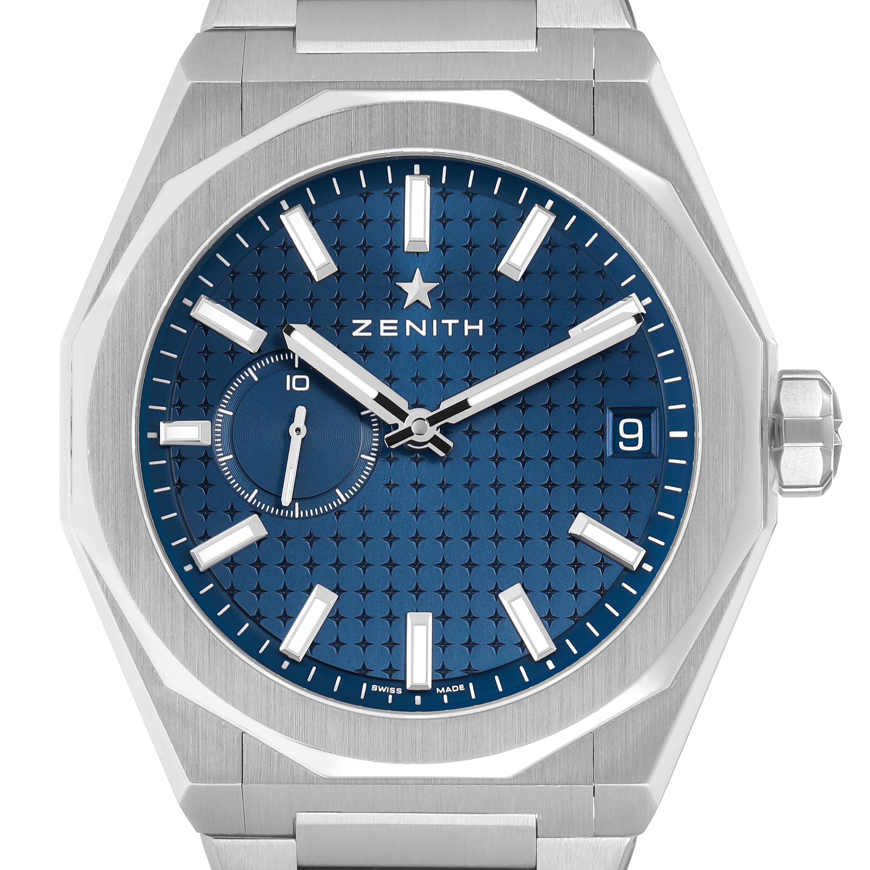 The Zenith Defy 03.9300.3620 Men's Stainless Steel Blue Dial watch is shown from the front, displaying its blue patterned dial, hands, markers, and date window.