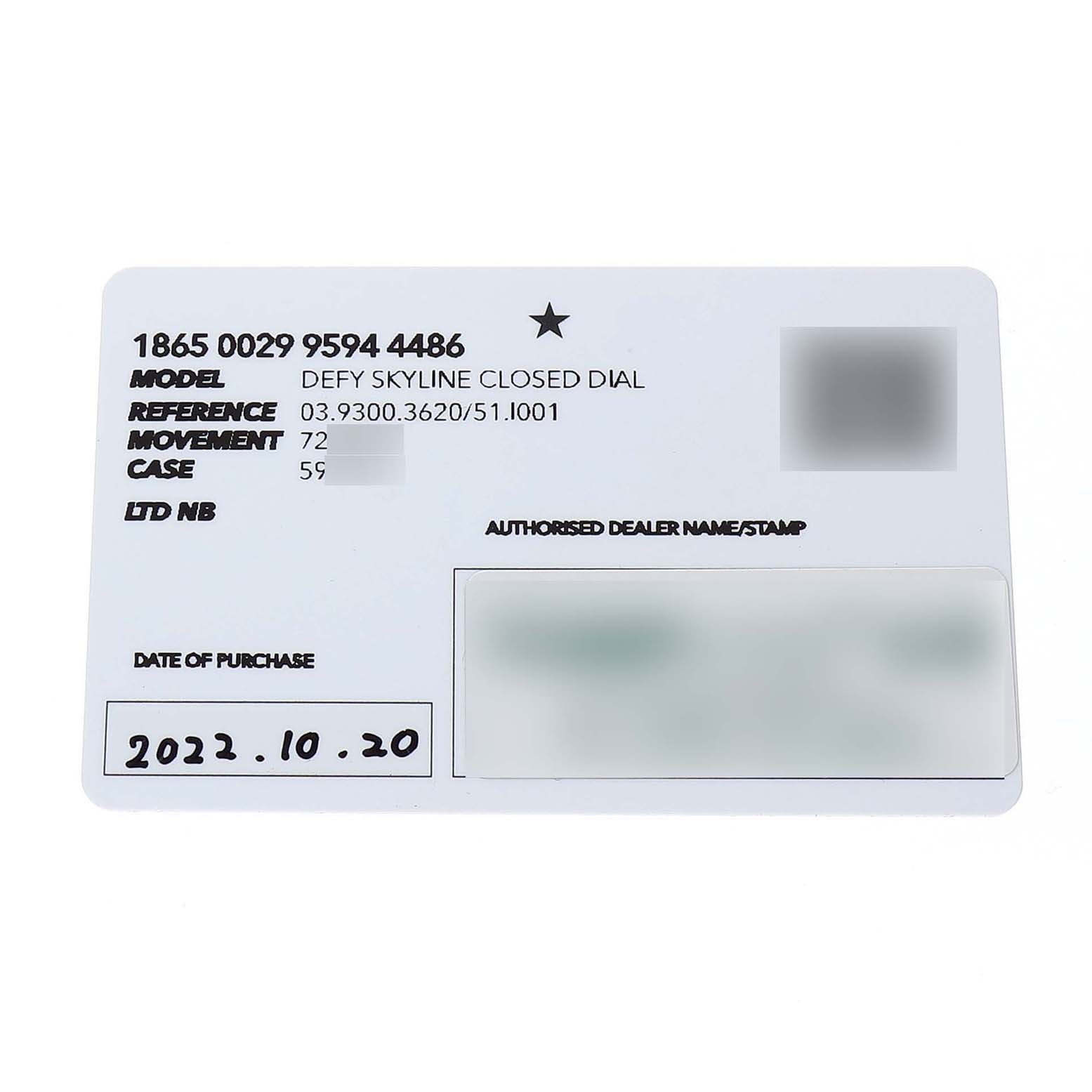 The image shows a warranty card for the Zenith Defy 03.9300.3620 Men's Stainless Steel Blue Dial Skyline model, displaying model details and purchase date.