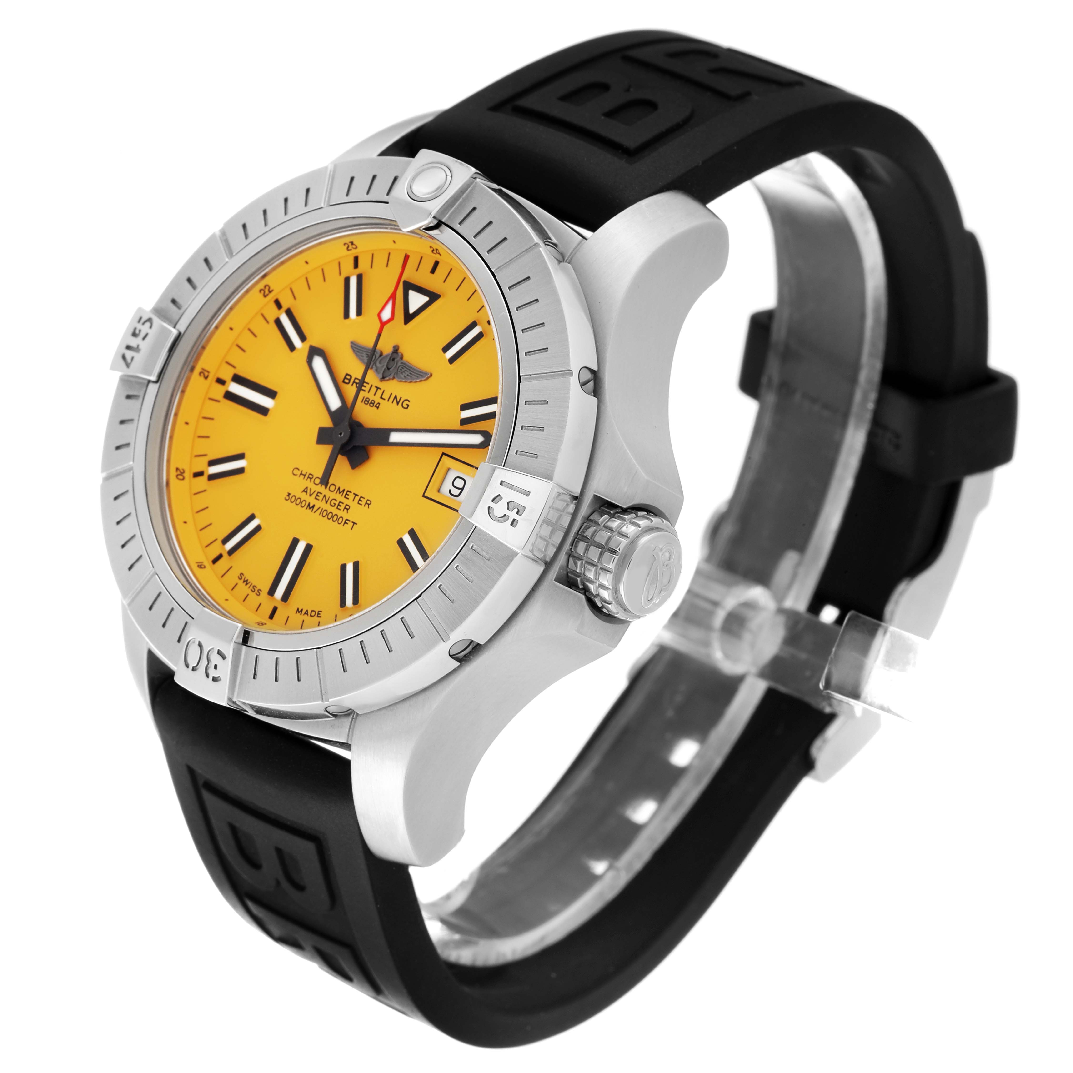 The image shows a Breitling Avenger A17319 Men's Stainless Steel Yellow Dial A17319 Men's Stainless Steel Yellow Dial watch at a side angle, highlighting the yellow dial, bezel, crown, and black rubber strap.