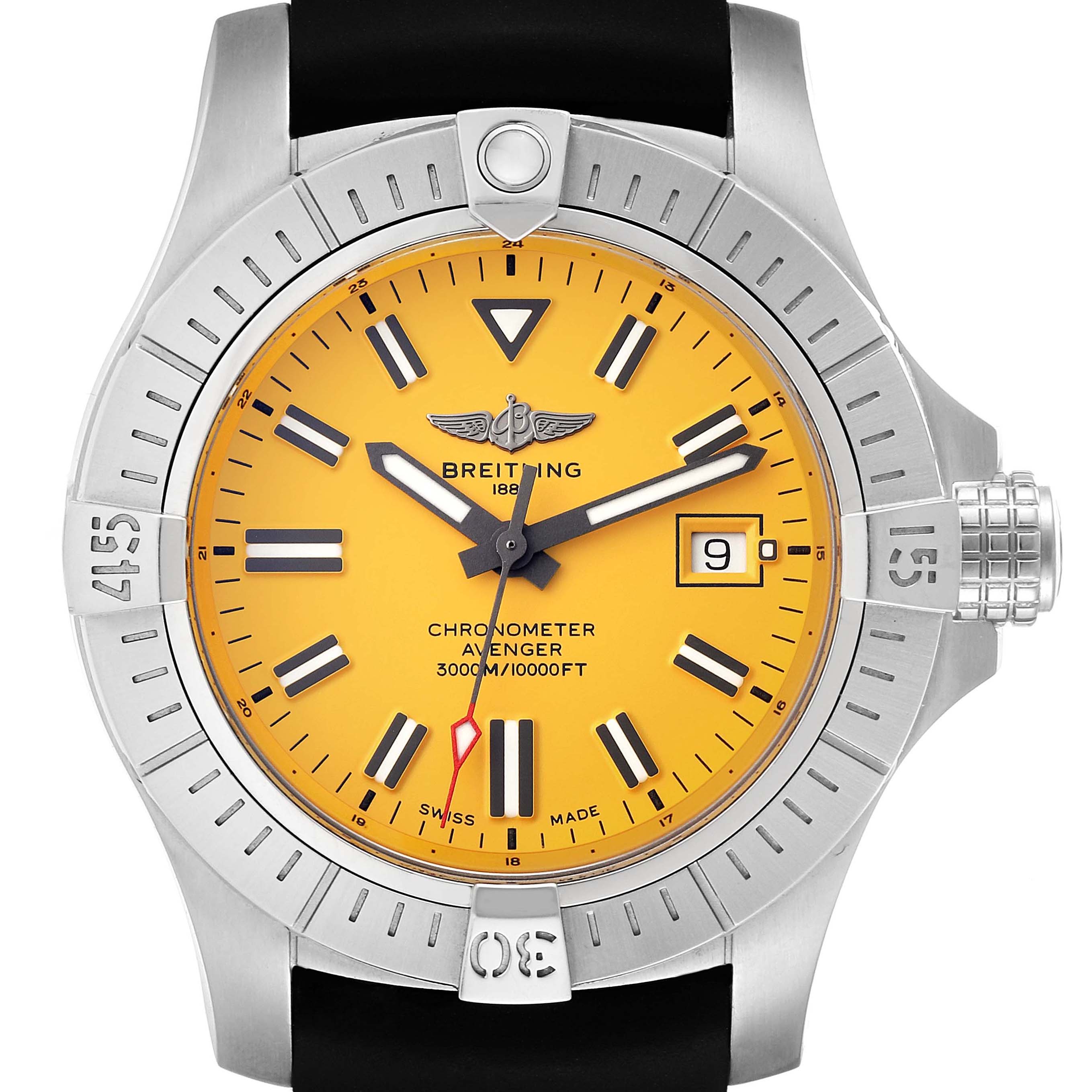 The image displays a frontal view of the Breitling Avenger A17319 Men's Stainless Steel Yellow Dial A17319 Men's Stainless Steel Yellow Dial watch, showcasing its yellow dial, bezel, and date window.