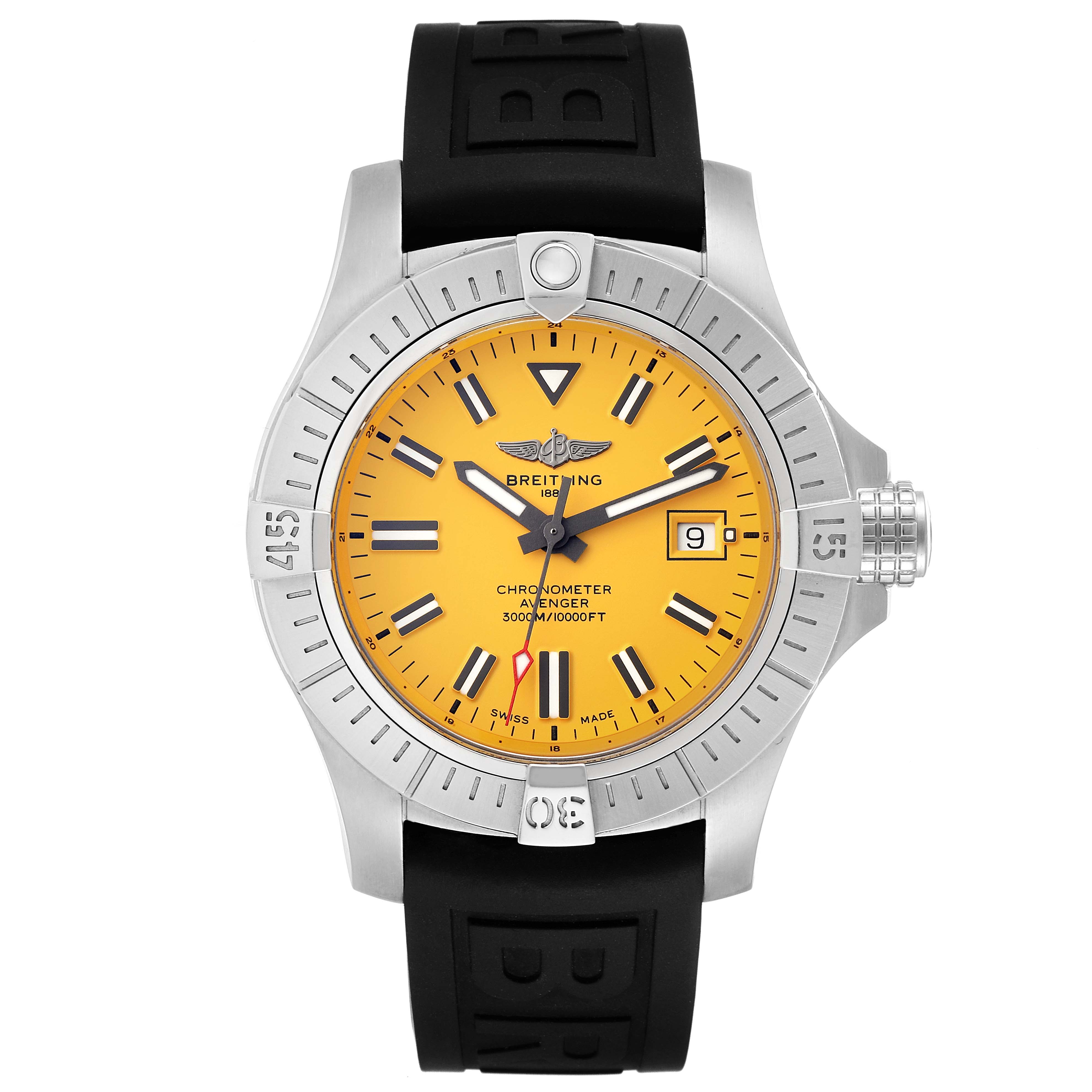 The image shows a frontal view of the Breitling Avenger A17319 Men's Stainless Steel Yellow Dial A17319 Men's Stainless Steel Yellow Dial watch with a yellow dial and black strap.