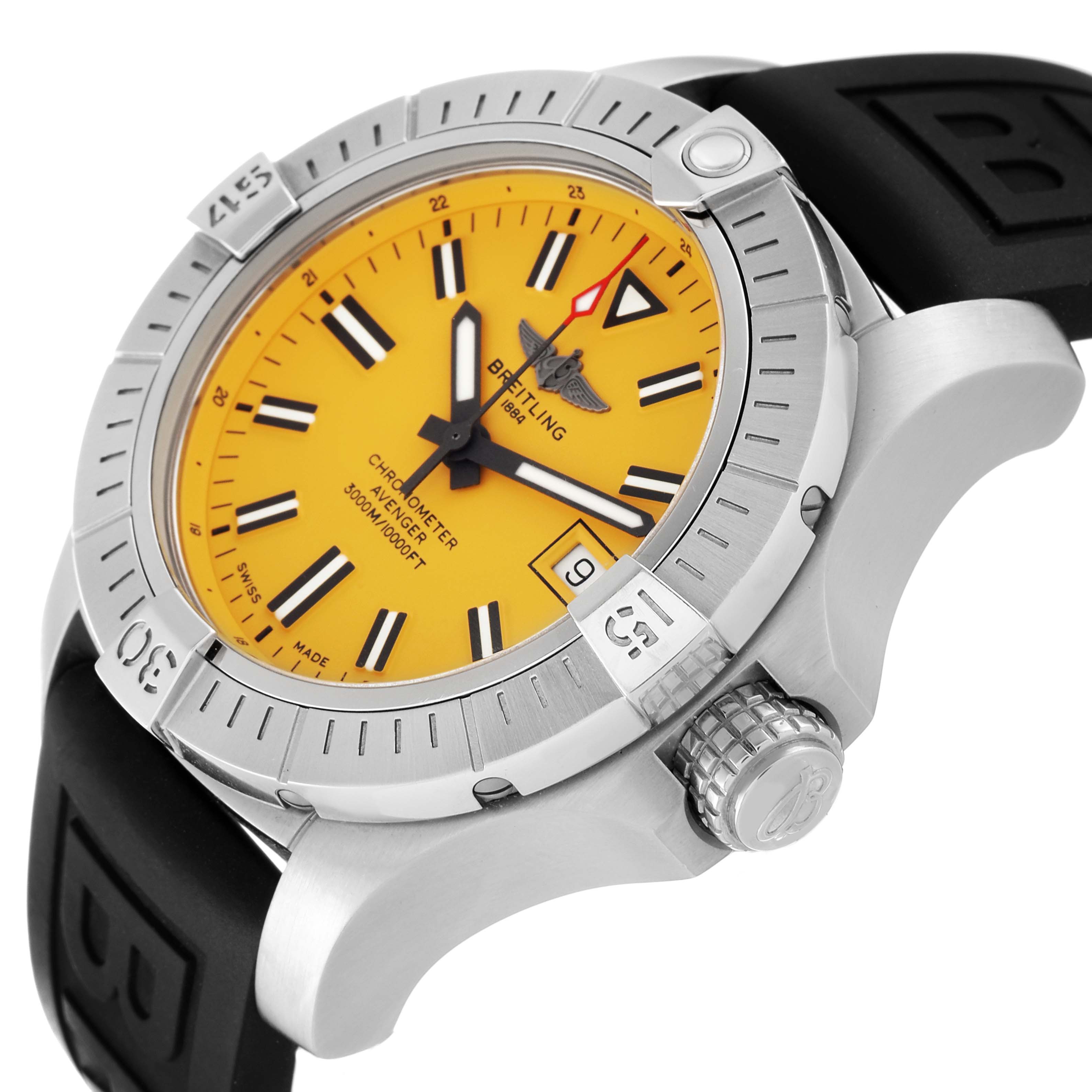 This Breitling Avenger A17319 Men's Stainless Steel Yellow Dial A17319 Men's Stainless Steel Yellow Dial watch is shown at a 3/4 angle, highlighting its yellow dial, bezel, crown, and black strap.