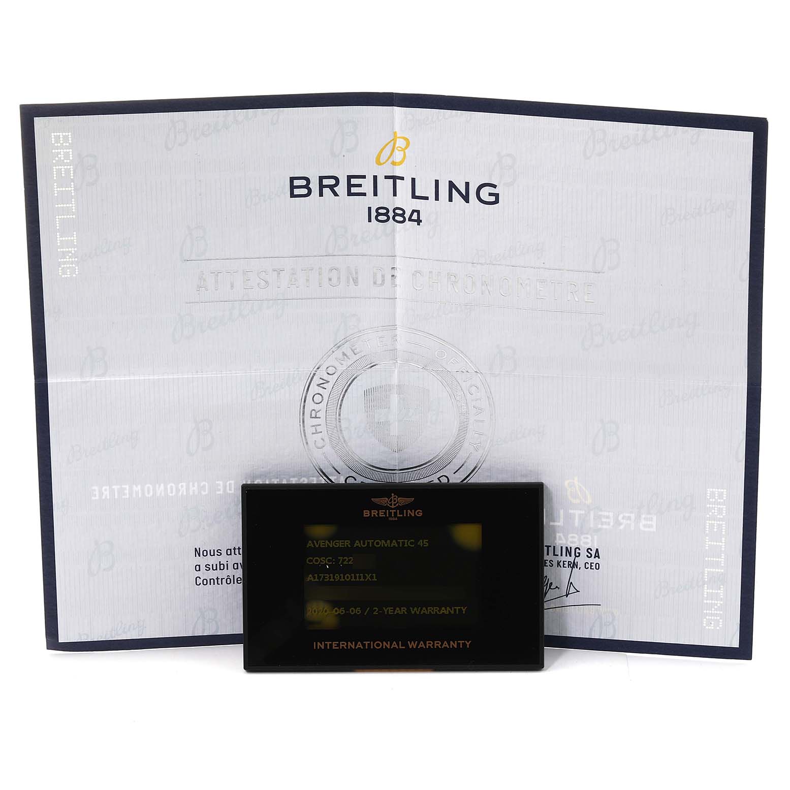 The image shows the warranty card and certification for a Breitling Avenger A17319 Men's Stainless Steel Yellow Dial A17319 Men's Stainless Steel Yellow Dial model watch.