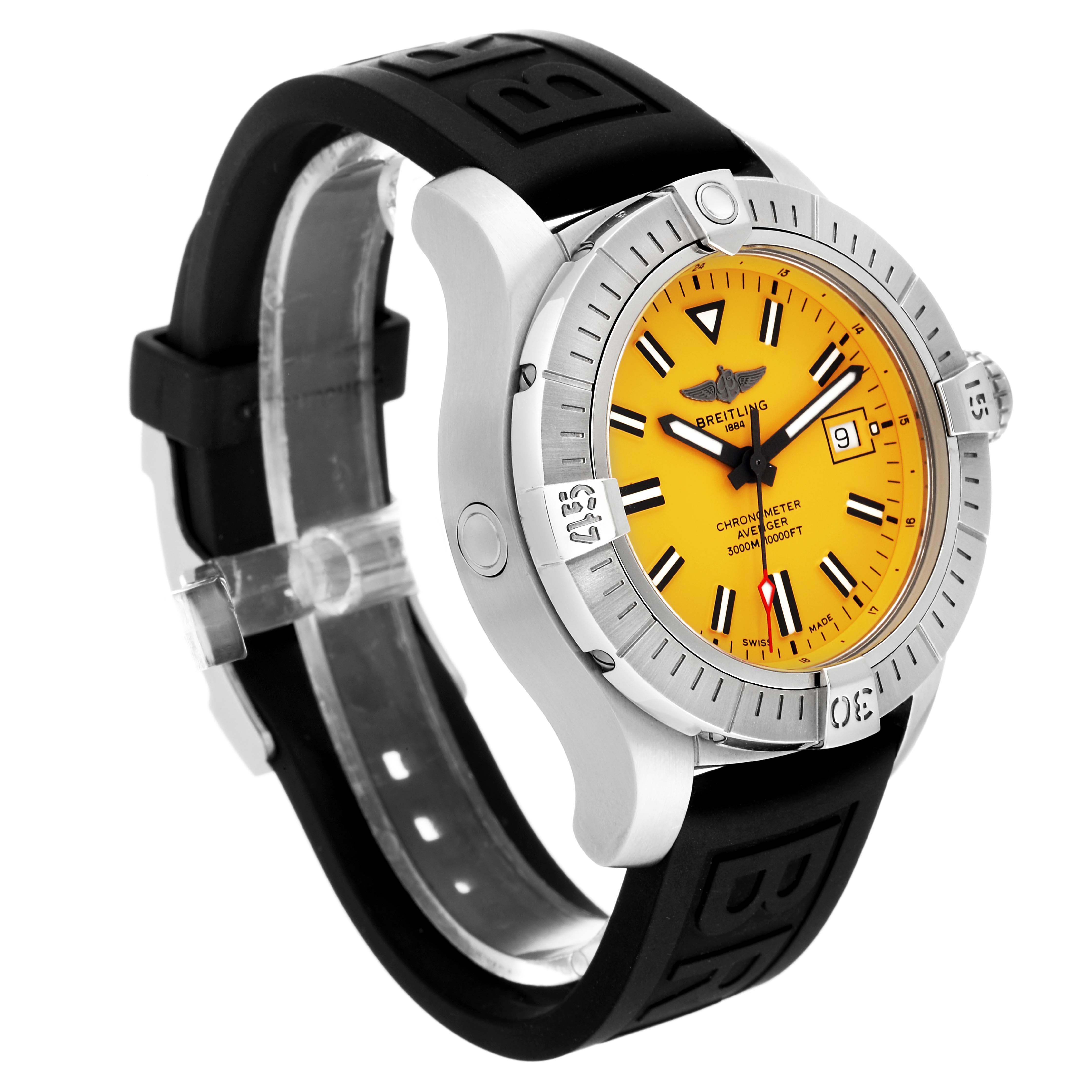The image shows a Breitling Avenger A17319 Men's Stainless Steel Yellow Dial A17319 Men's Stainless Steel Yellow Dial watch at a three-quarter angle, highlighting its yellow dial, black rubber strap, and steel casing.