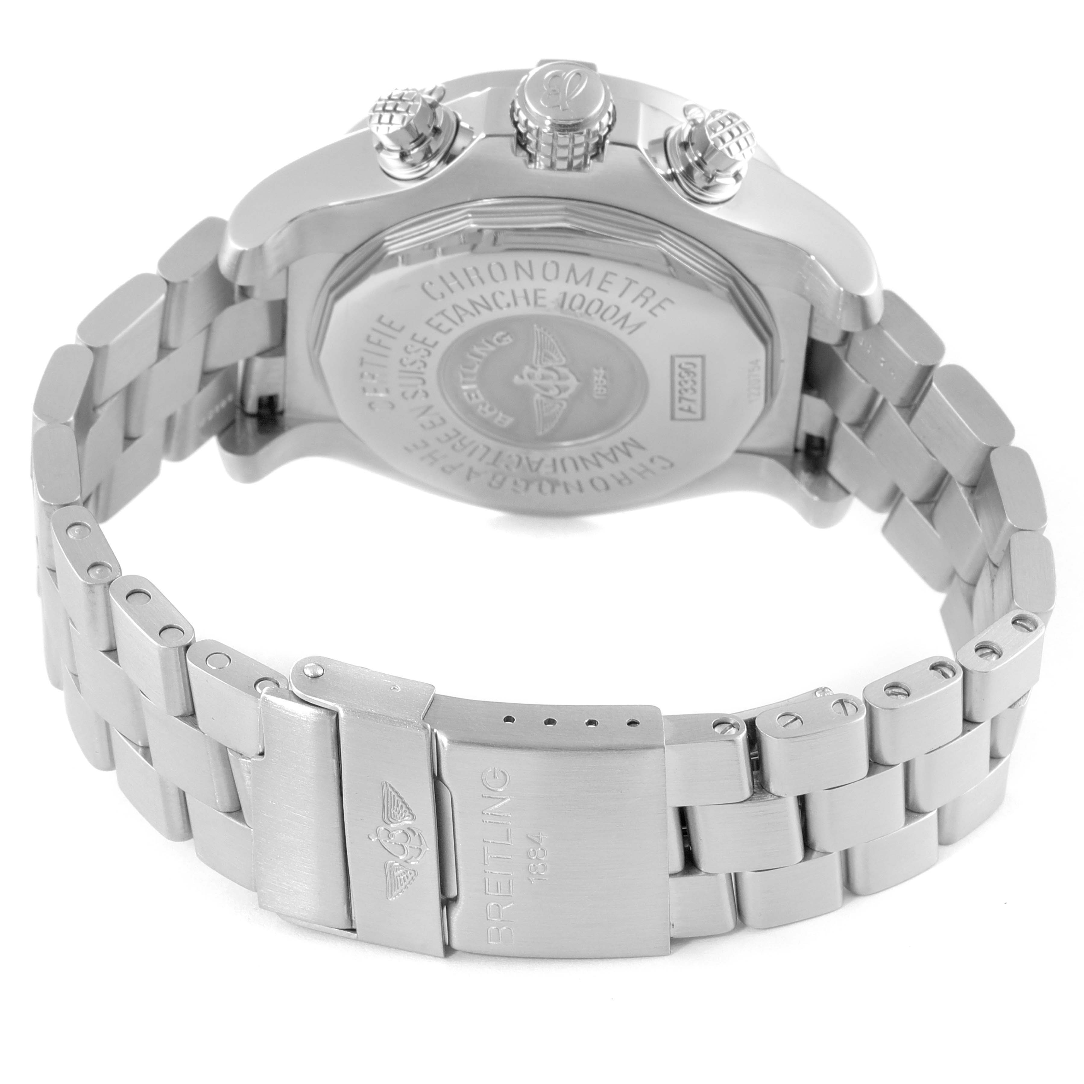 The image shows the back view of a Breitling Avenger A73390 Men's Stainless Steel Blue Dial A73390 Men's Stainless Steel Blue Dial watch, highlighting the case back, bracelet, and clasp.