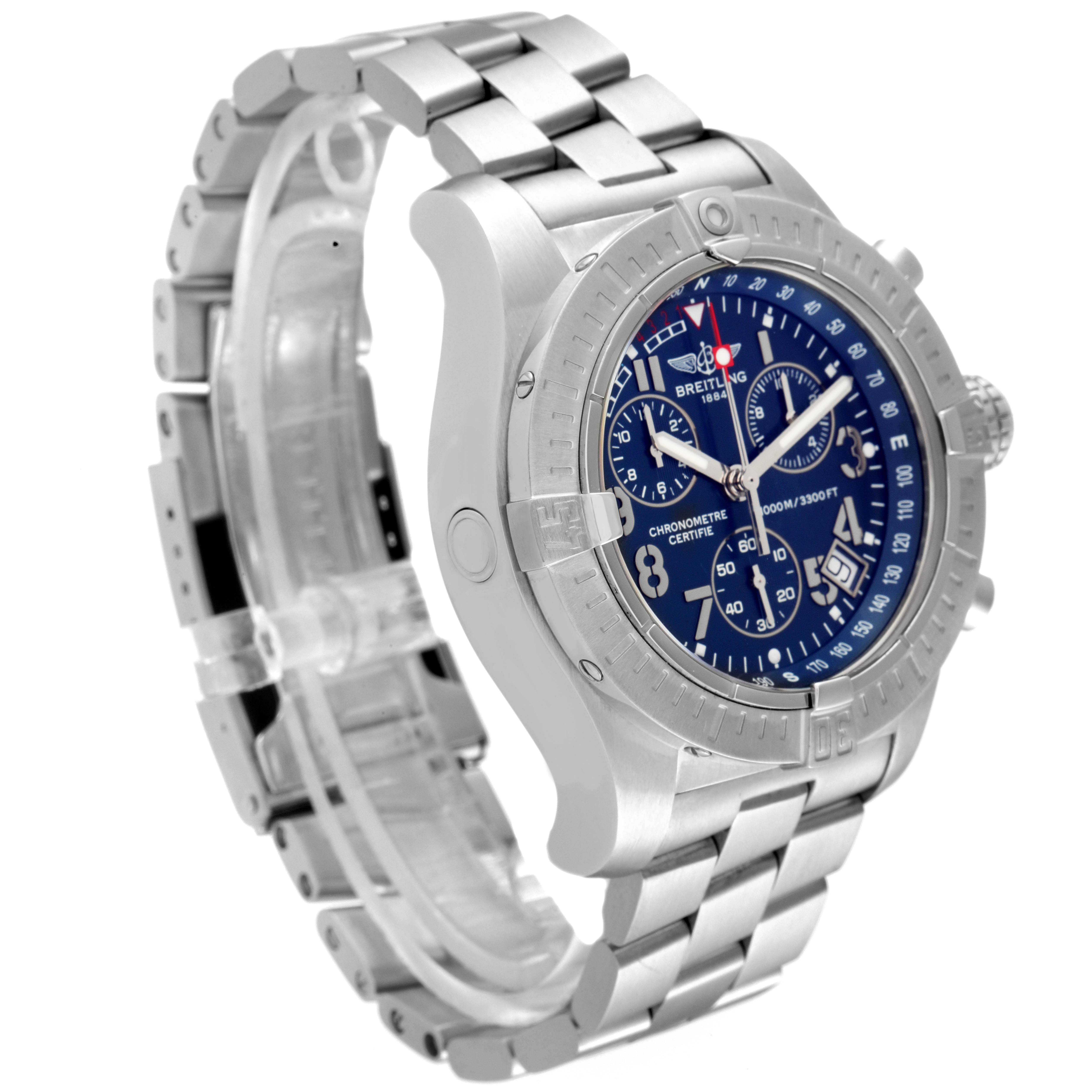 The Breitling Avenger A73390 Men's Stainless Steel Blue Dial A73390 Men's Stainless Steel Blue Dial watch is shown at a slight angle, highlighting its blue dial, bezel, and metal bracelet strap.