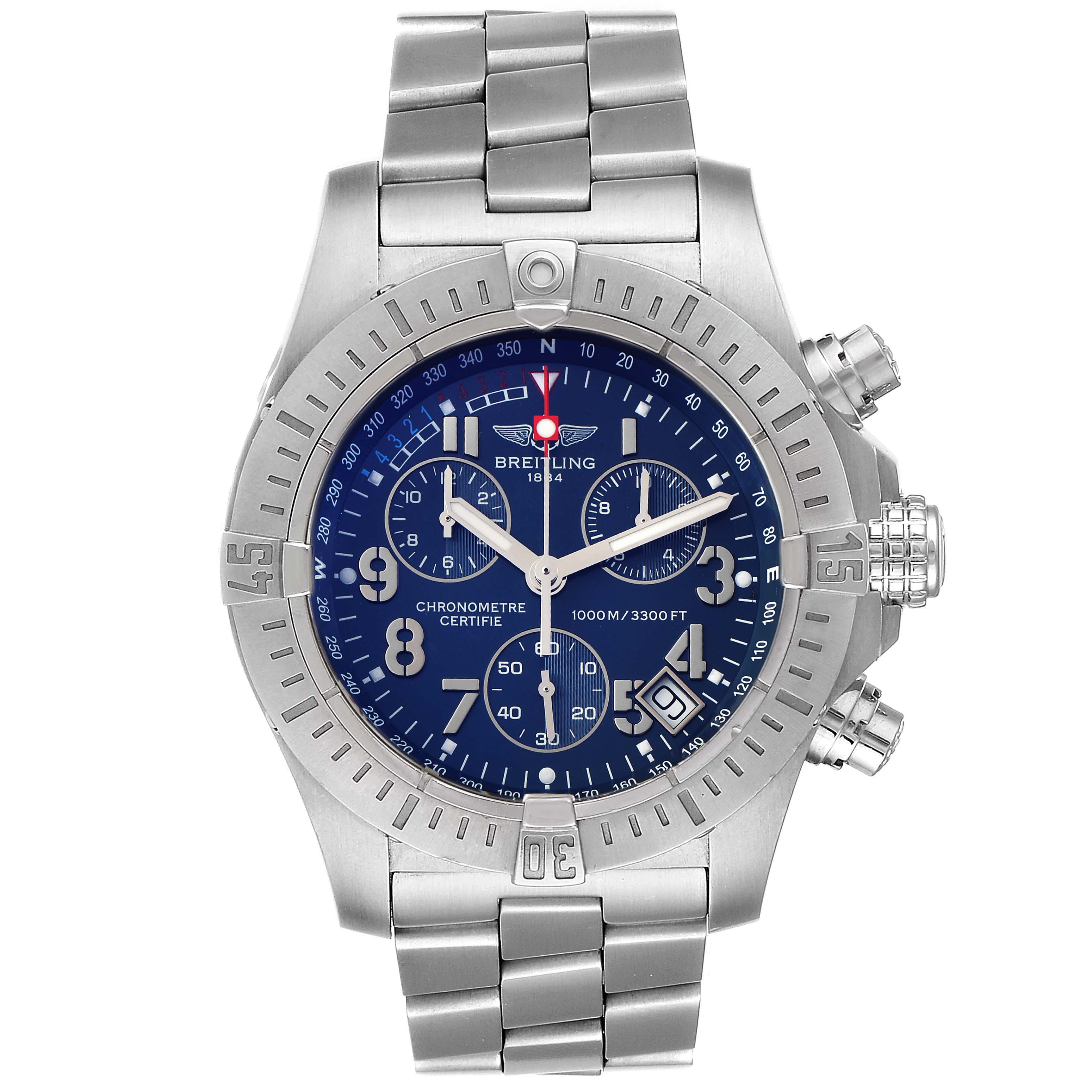 The image shows a front view of the Breitling Avenger A73390 Men's Stainless Steel Blue Dial A73390 Men's Stainless Steel Blue Dial watch, highlighting its blue dial, silver bezel, and metallic bracelet.