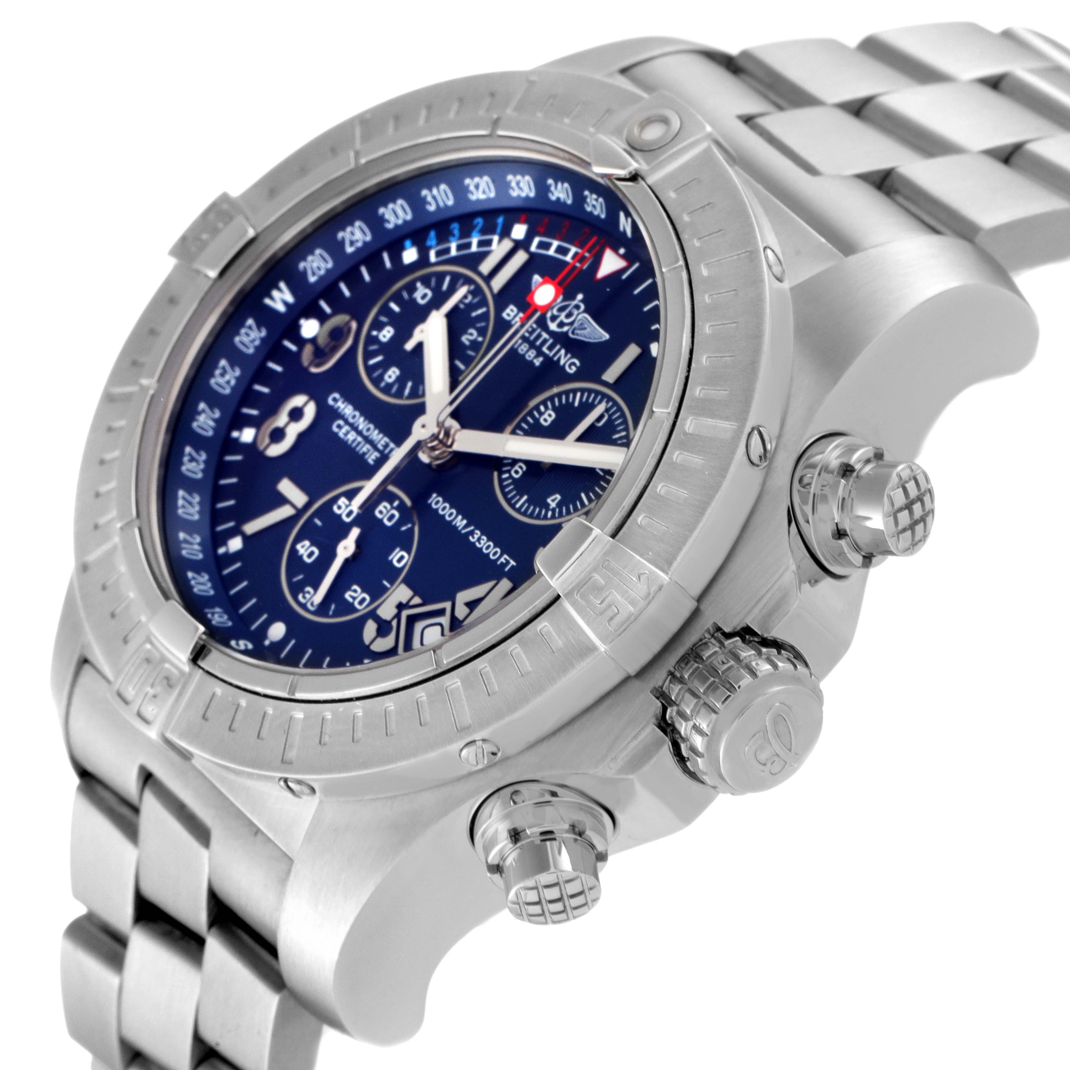 The image shows a close-up side angle of the Breitling Avenger A73390 Men's Stainless Steel Blue Dial A73390 Men's Stainless Steel Blue Dial watch, highlighting its face, bezel, crown, and chronograph pushers.