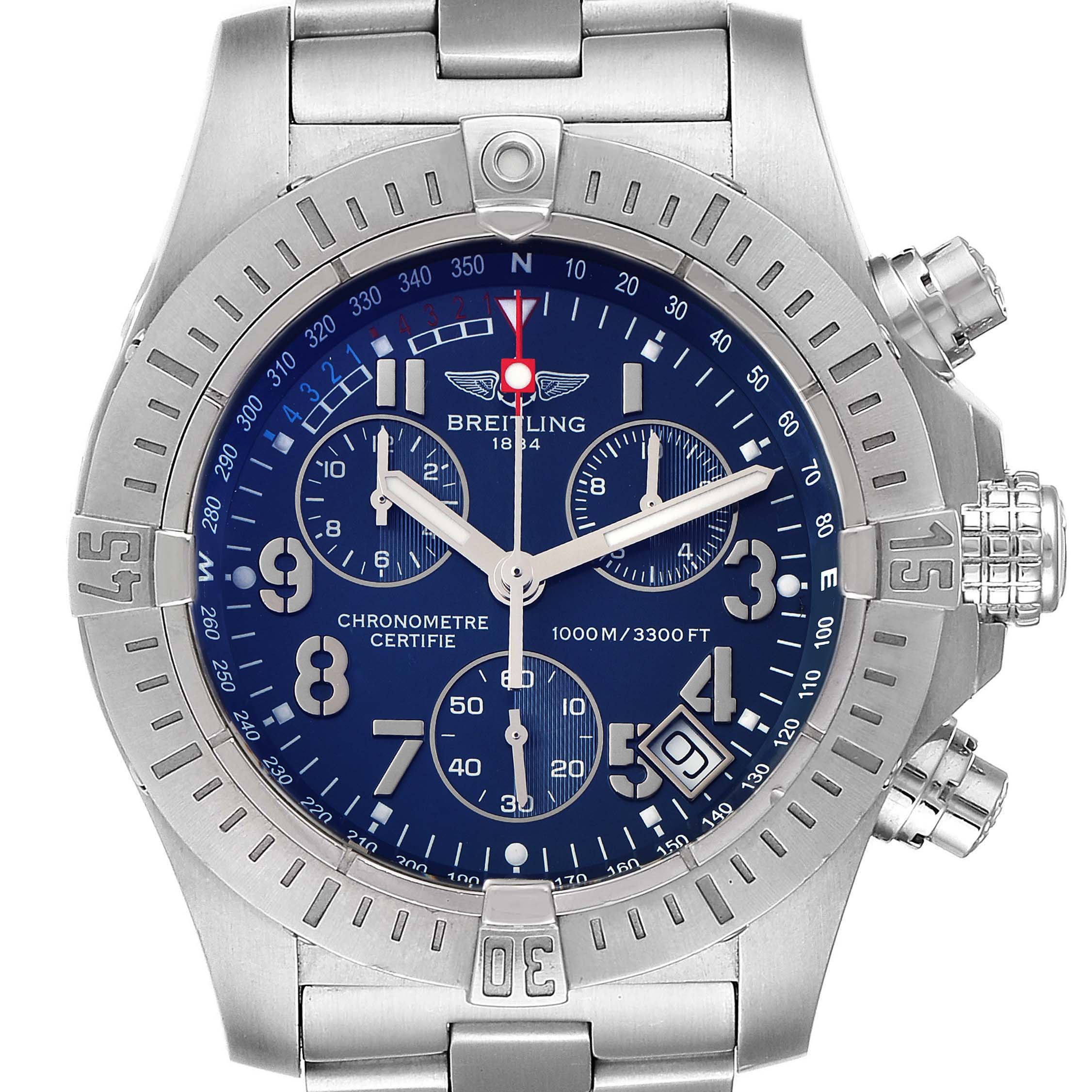The image shows a Breitling Avenger A73390 Men's Stainless Steel Blue Dial A73390 Men's Stainless Steel Blue Dial watch from a front angle, highlighting its face, bezel, and crown.
