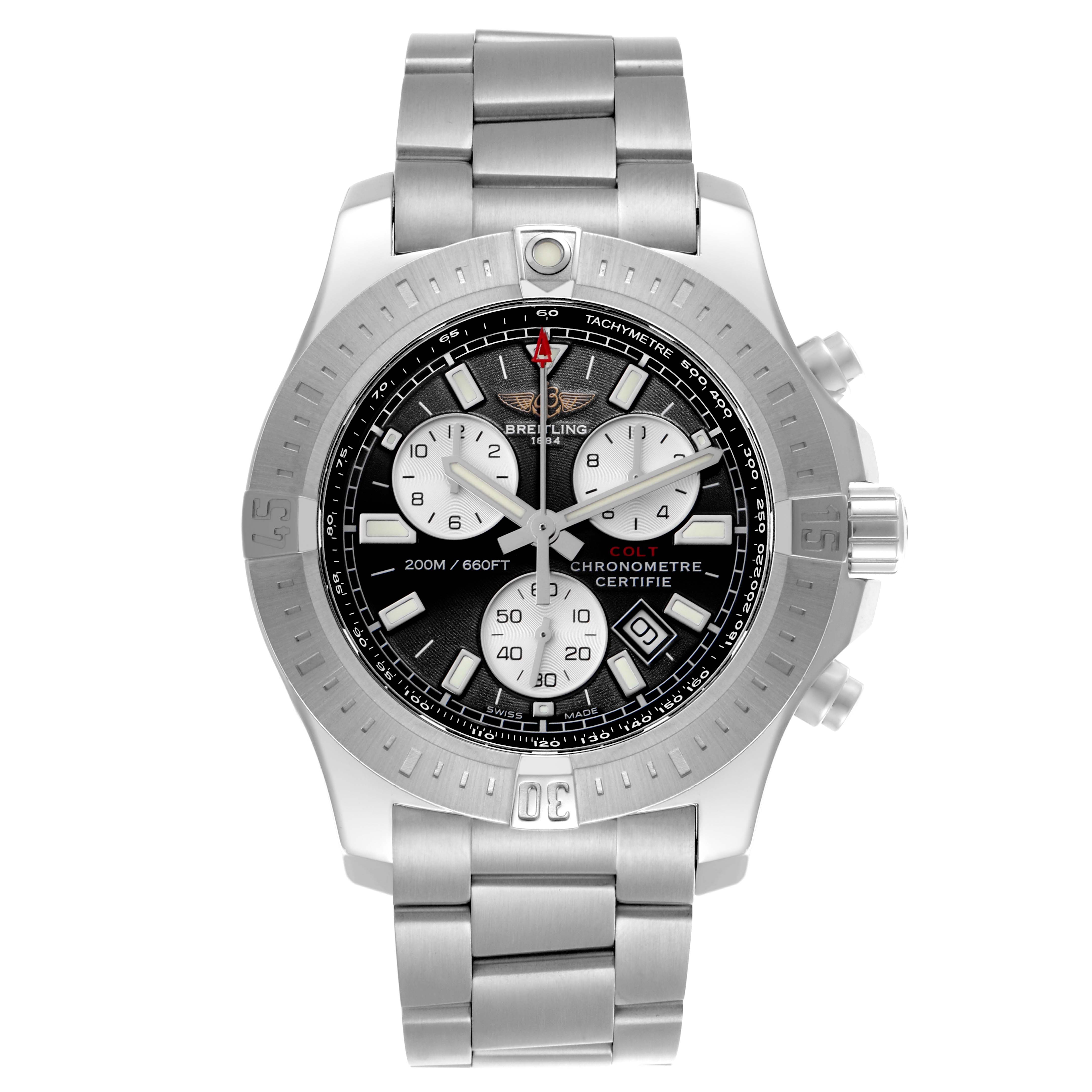 This image shows a front view of a Breitling Colt A7338811/BD43 Men's Stainless Steel Black Dial A7338811/BD43 Men's Stainless Steel Black Dial watch, featuring its dial, bezel, bracelet, and chronograph pushers.