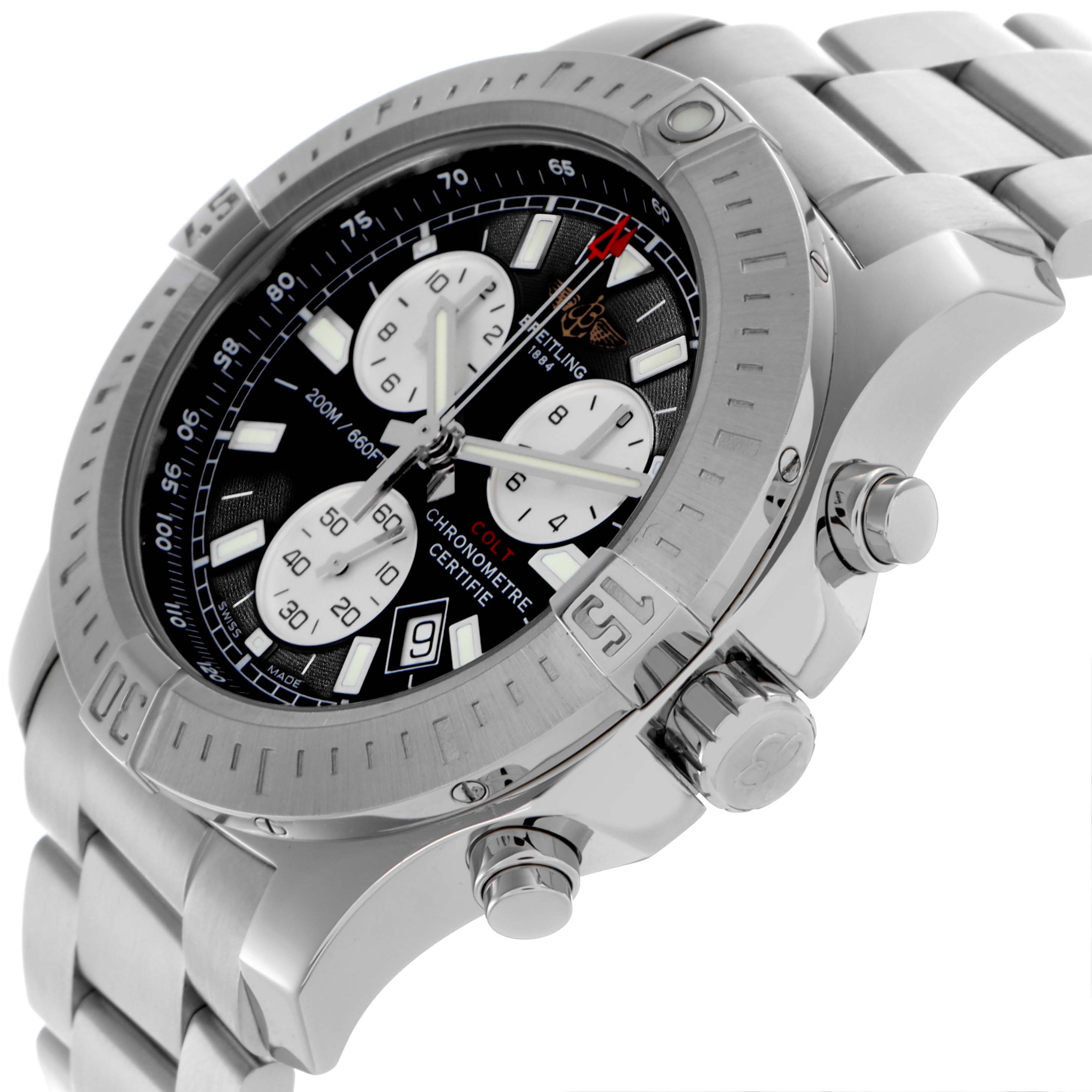 The Breitling Colt A7338811/BD43 Men's Stainless Steel Black Dial A7338811/BD43 Men's Stainless Steel Black Dial watch is shown from a side angle displaying the dial, bezel, crown, and part of the bracelet.