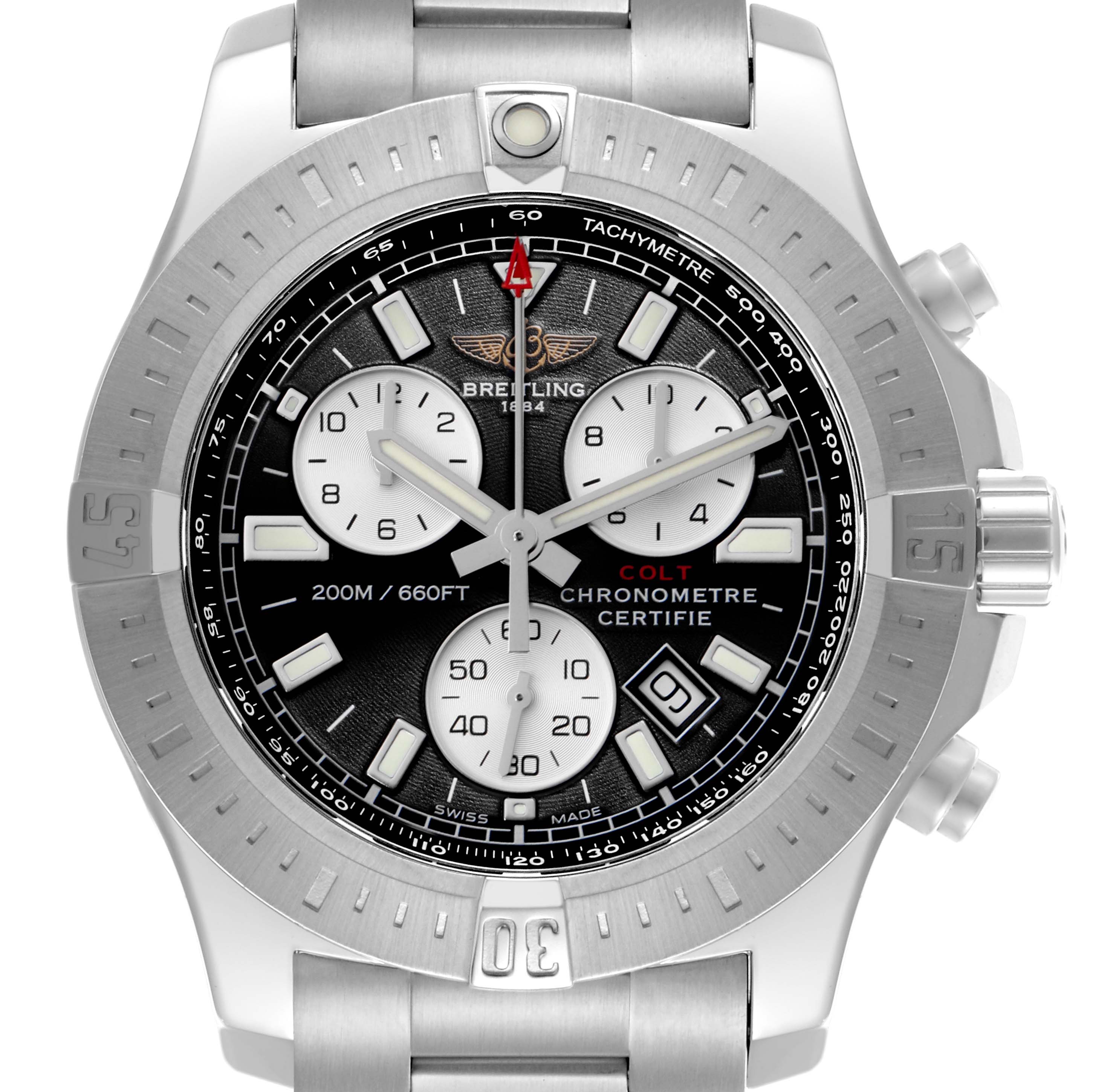 The Breitling Colt A7338811/BD43 Men's Stainless Steel Black Dial A7338811/BD43 Men's Stainless Steel Black Dial watch is shown from a front angle, displaying the dial, bezel, pushers, and bracelet.