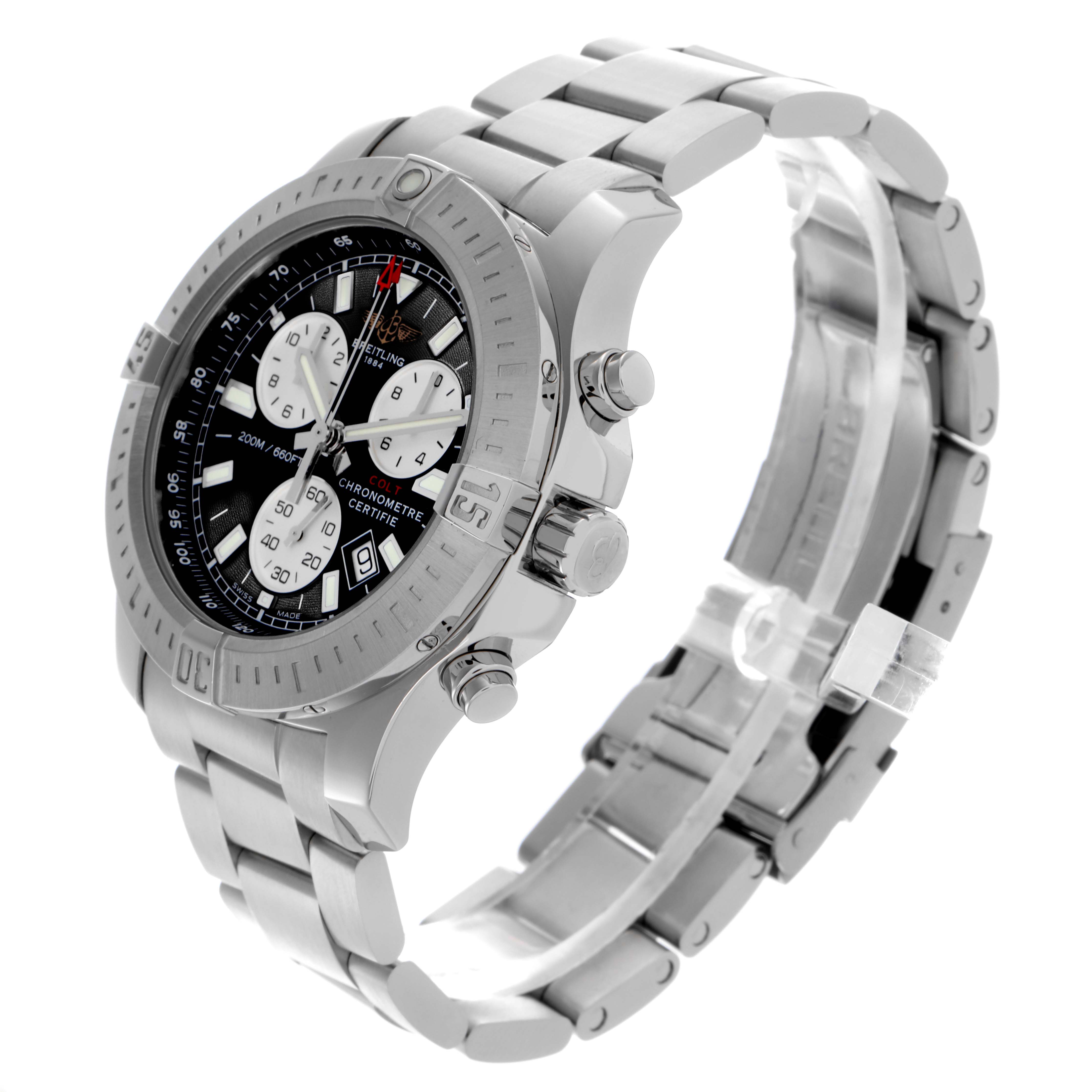 The Breitling Colt A7338811/BD43 Men's Stainless Steel Black Dial A7338811/BD43 Men's Stainless Steel Black Dial watch is shown at a slight angle, displaying the dial, bezel, crown, pushers, and bracelet.