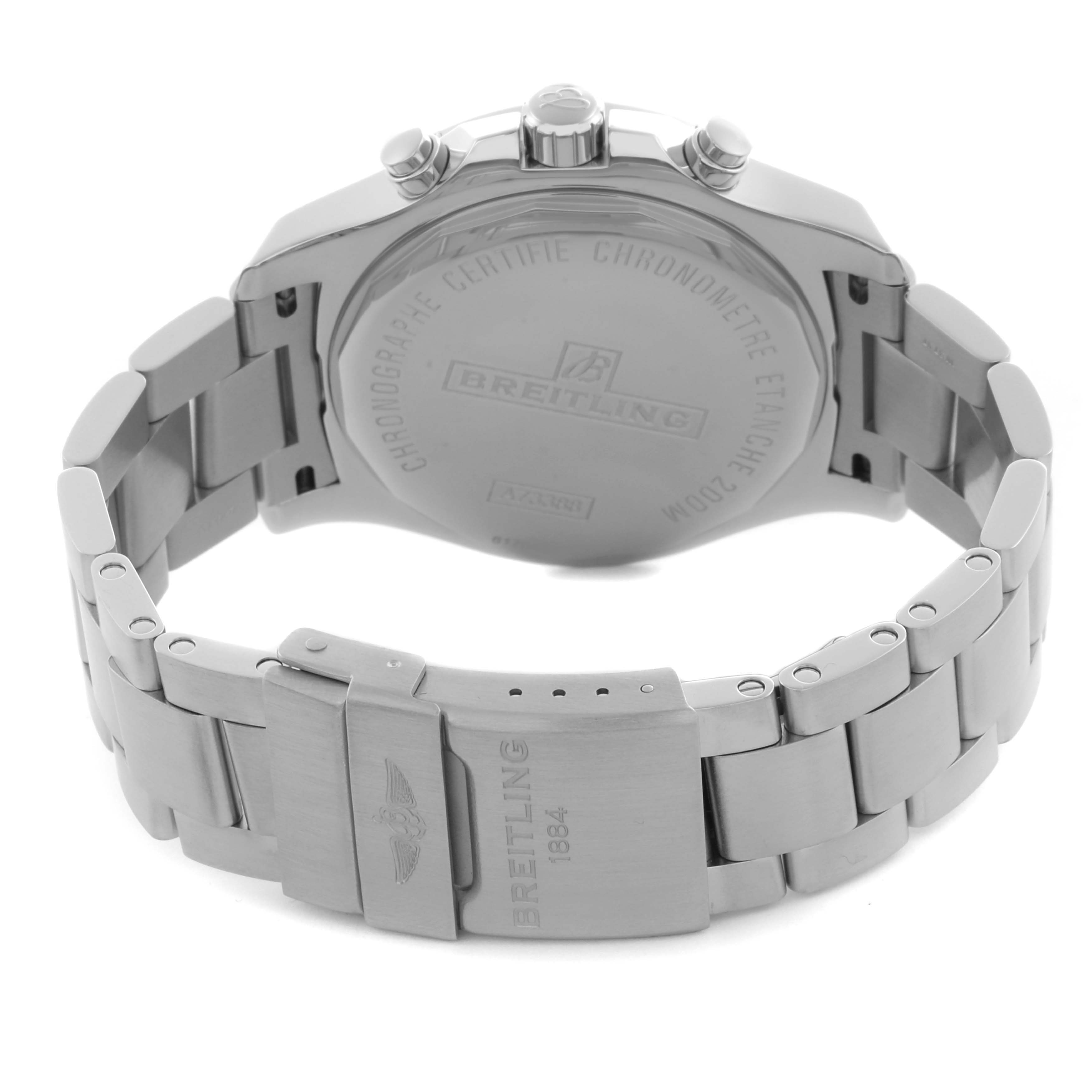 The image shows the back view of a Breitling Colt A7338811/BD43 Men's Stainless Steel Black Dial A7338811/BD43 Men's Stainless Steel Black Dial watch, highlighting its stainless steel bracelet and engraved case back.