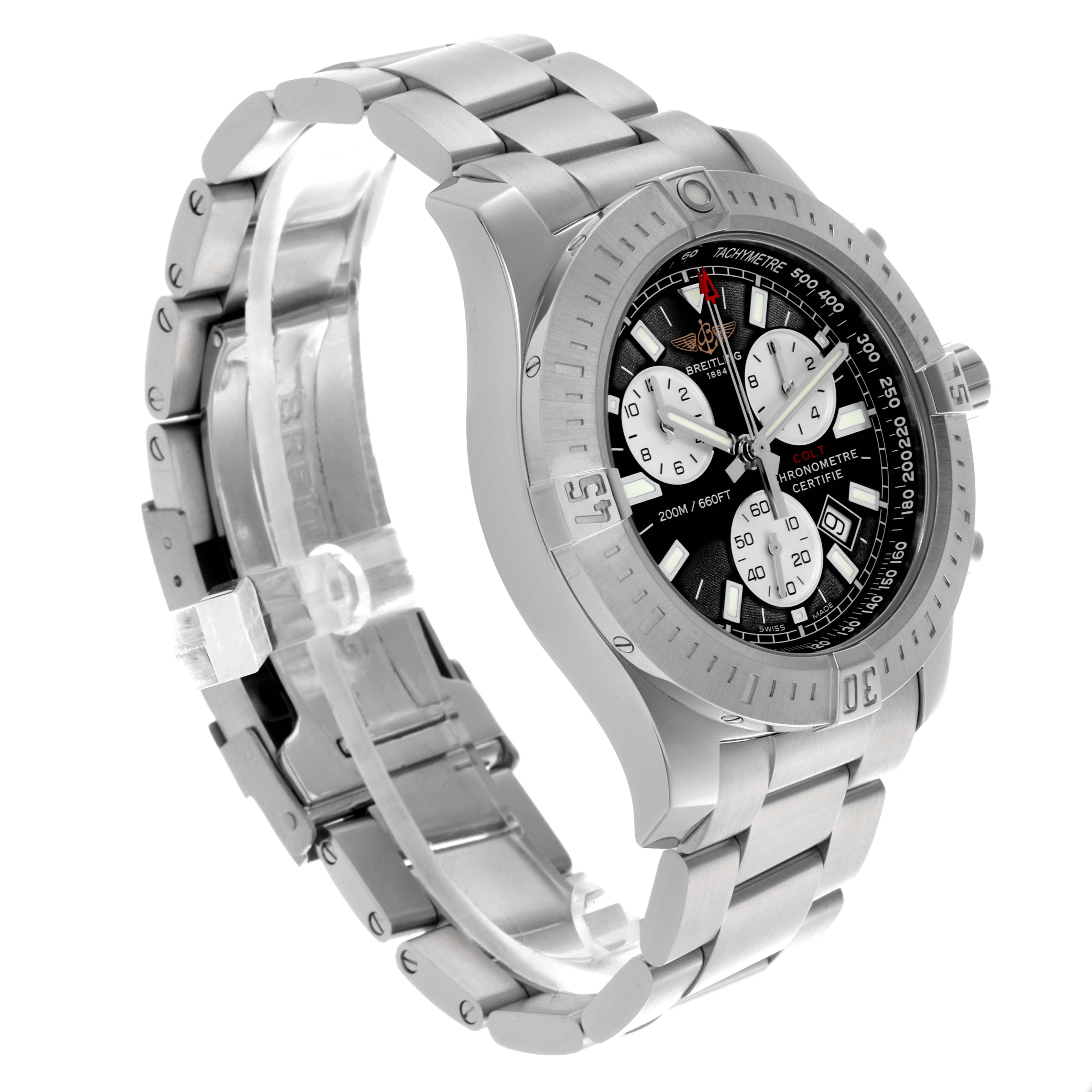 The Breitling Colt A7338811/BD43 Men's Stainless Steel Black Dial A7338811/BD43 Men's Stainless Steel Black Dial watch is shown at a three-quarter angle, displaying the face, bezel, case, and bracelet.