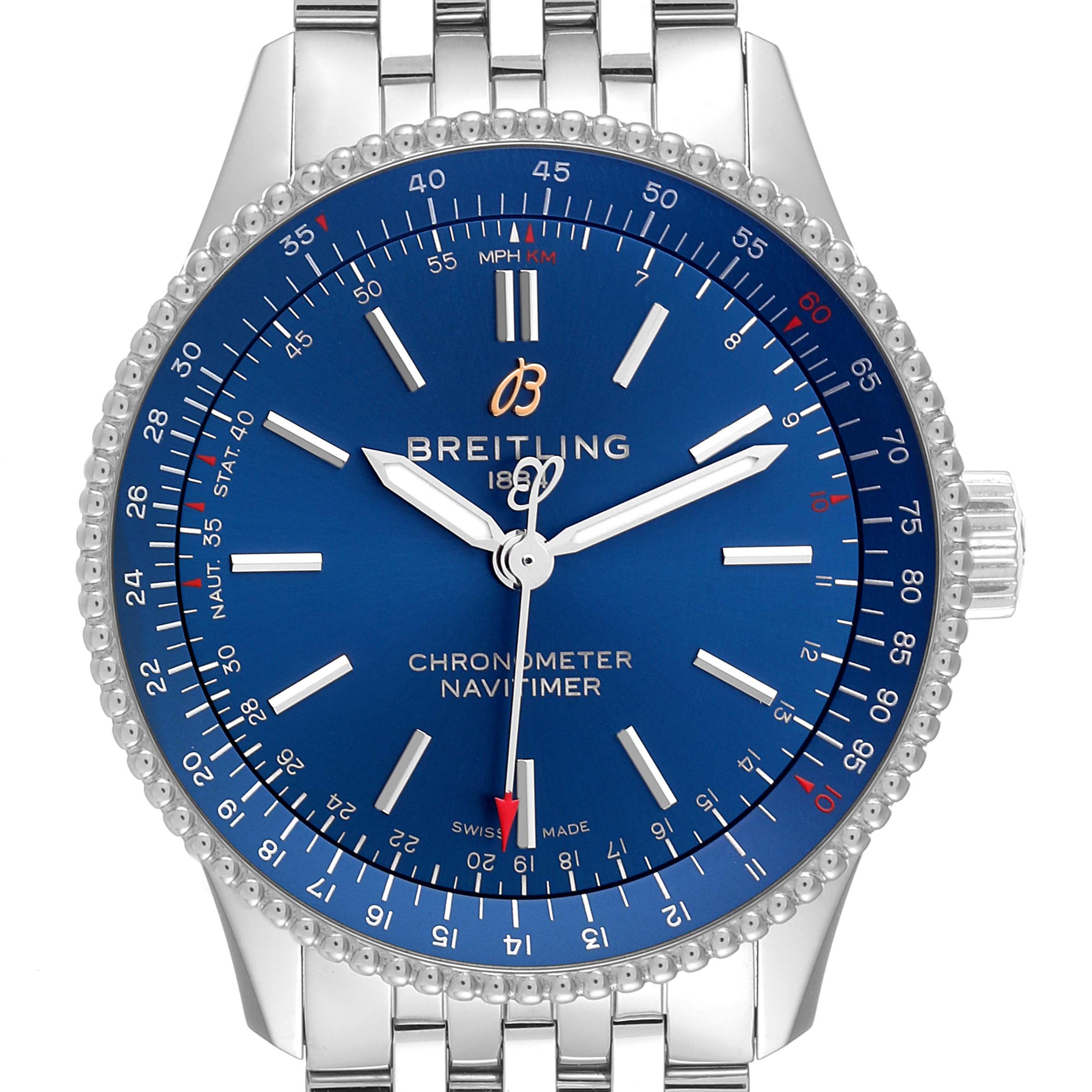 The image shows a front view of a Breitling Navitimer A17395 Men's Stainless Steel Blue Dial A17395 Men's Stainless Steel Blue Dial watch, highlighting its blue dial, bezel, hour markers, and stainless steel bracelet.