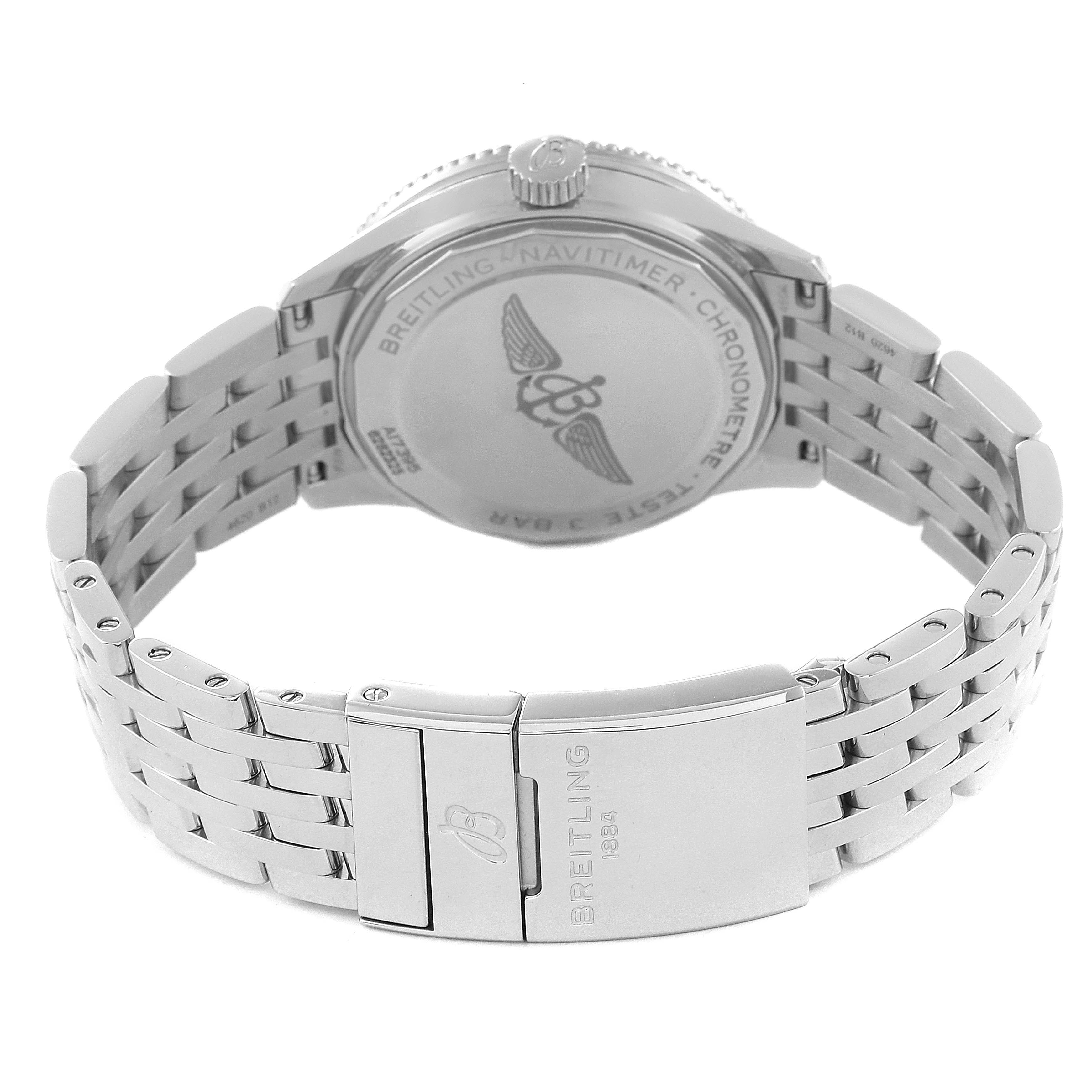 This image shows the backside and clasp of the Breitling Navitimer A17395 Men's Stainless Steel Blue Dial A17395 Men's Stainless Steel Blue Dial watch, highlighting its metal bracelet and engraved case back.