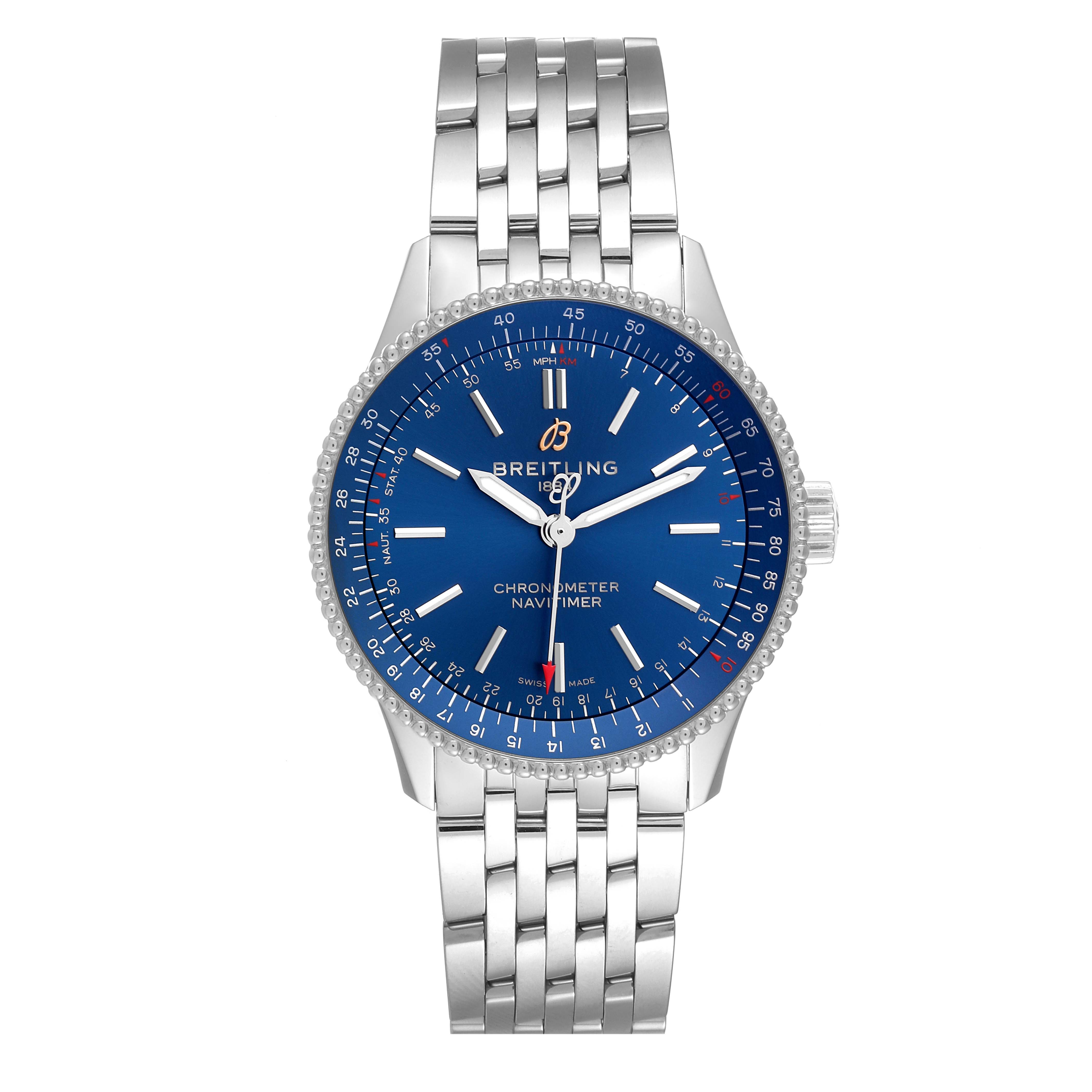 The image shows a front view of the Breitling Navitimer A17395 Men's Stainless Steel Blue Dial A17395 Men's Stainless Steel Blue Dial watch, featuring a blue dial and a silver metal bracelet.