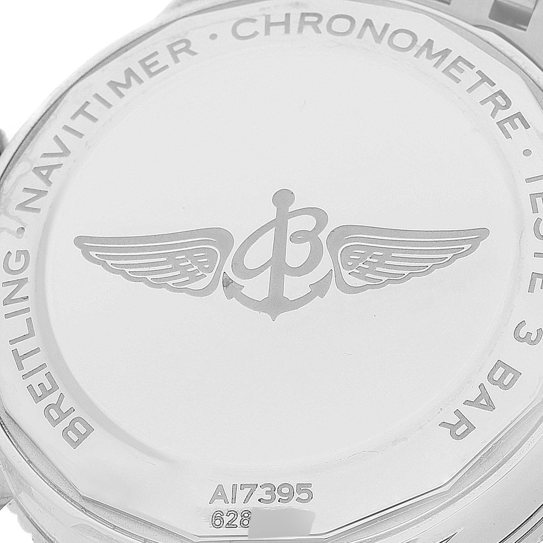 This image shows the back case of a Breitling Navitimer A17395 Men's Stainless Steel Blue Dial A17395 Men's Stainless Steel Blue Dial watch, featuring the logo and model details.