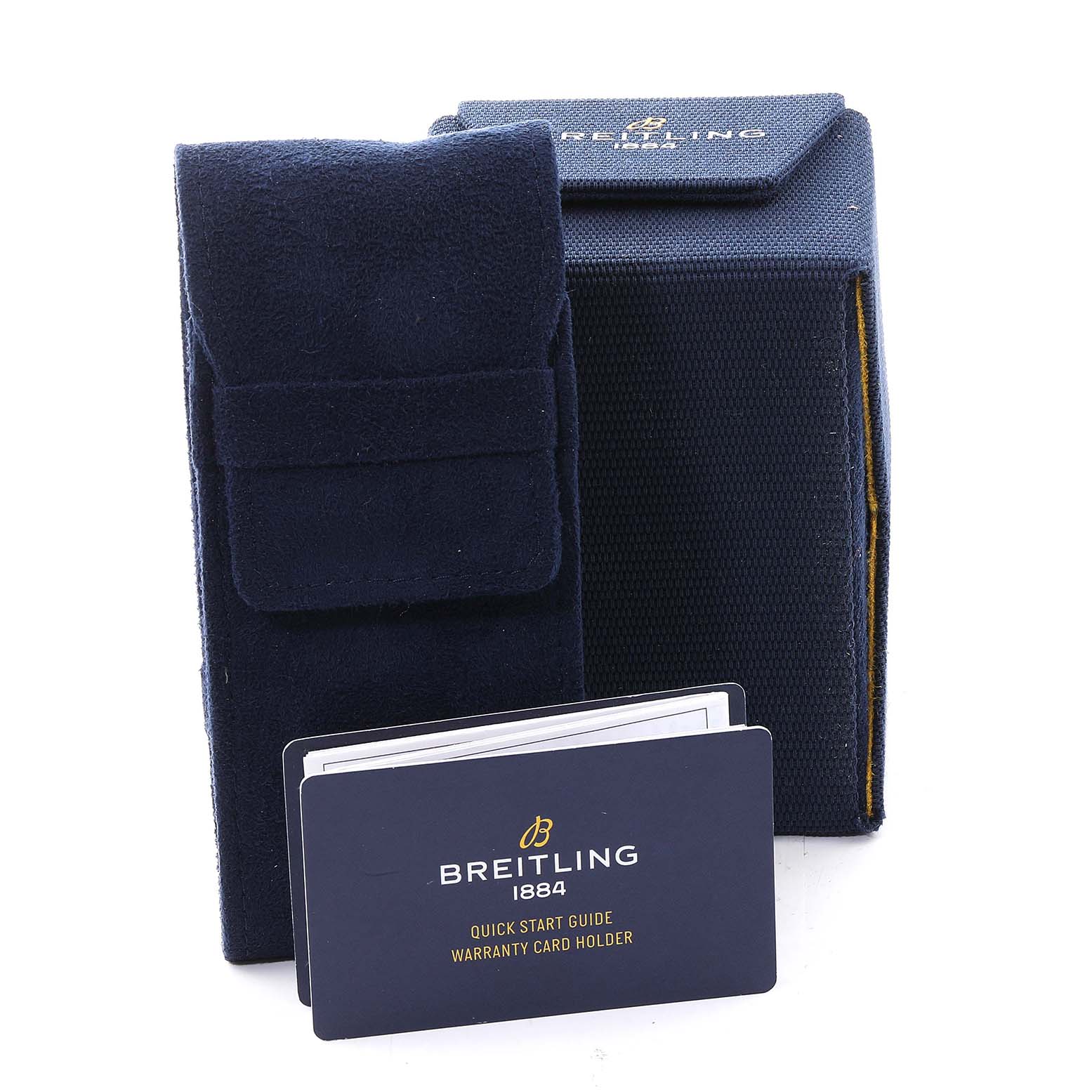 The image shows a Breitling Navitimer A17395 Men's Stainless Steel Blue Dial A17395 Men's Stainless Steel Blue Dial box, pouch, and warranty card holder in a front-facing view.