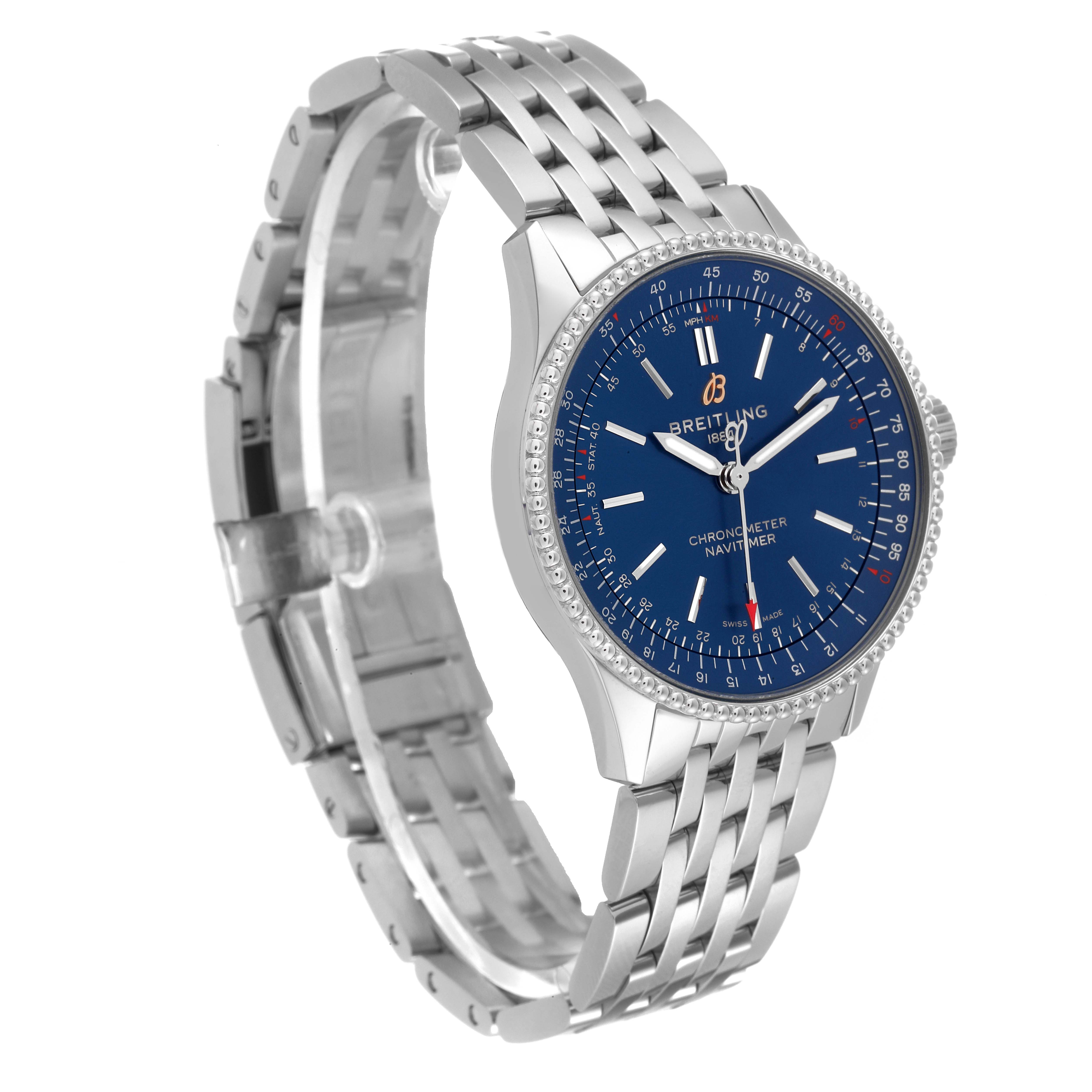 This image shows a side angle of a Breitling Navitimer A17395 Men's Stainless Steel Blue Dial A17395 Men's Stainless Steel Blue Dial watch with a blue dial and a silver metal bracelet.