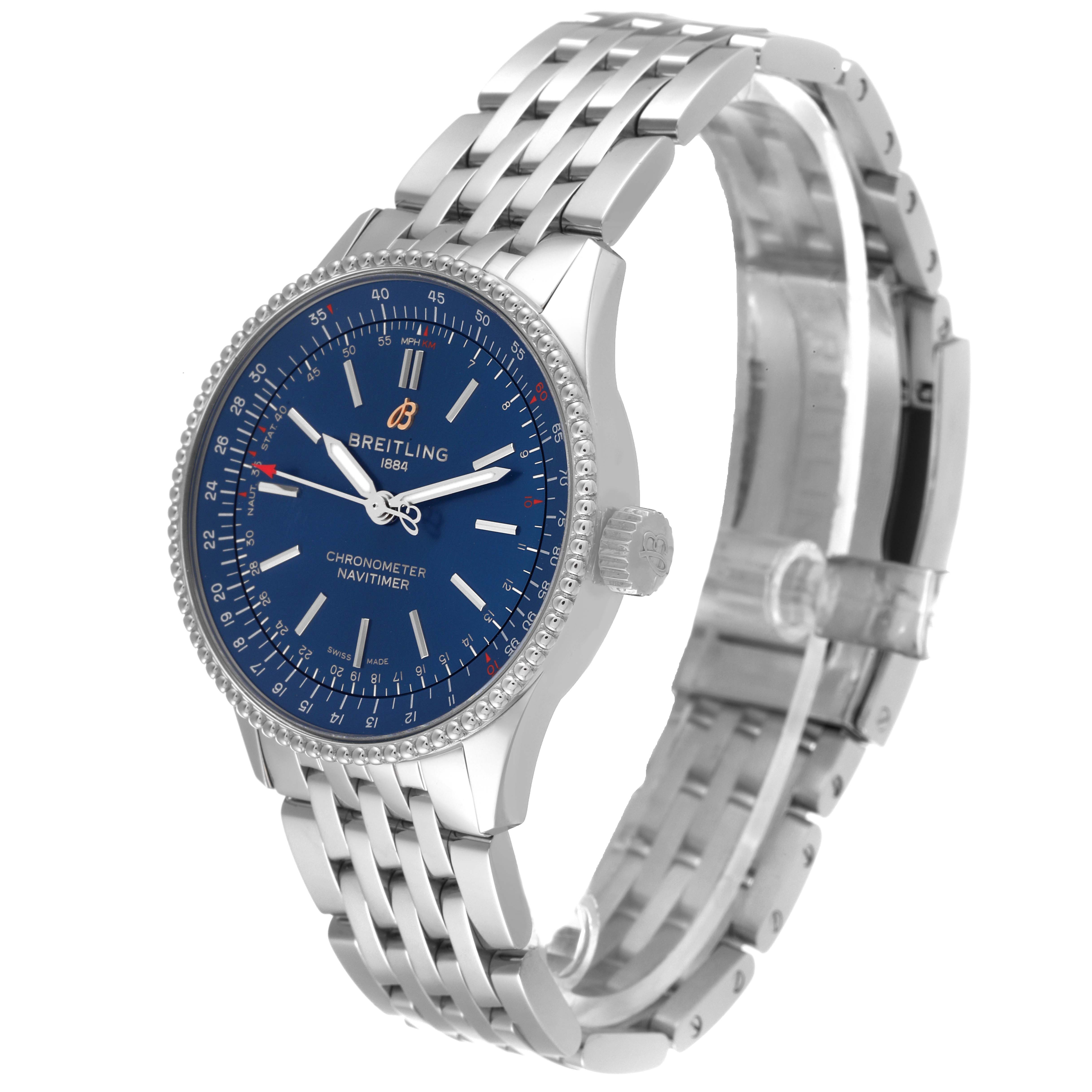 The image shows a side angle of the Breitling Navitimer A17395 Men's Stainless Steel Blue Dial A17395 Men's Stainless Steel Blue Dial watch, featuring its blue dial, bezel, crown, and metal bracelet.