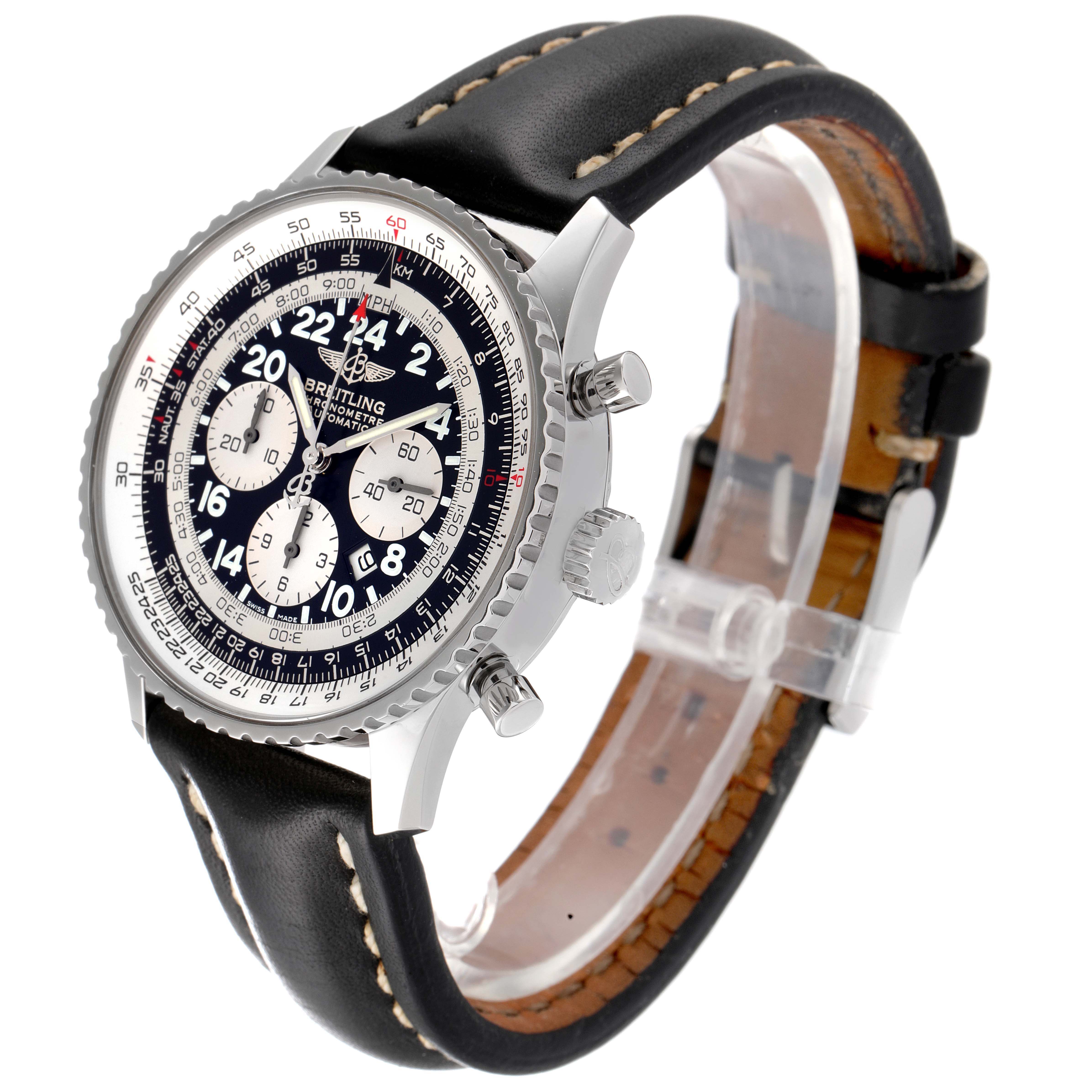 This Breitling Navitimer A22322 Men
s Stainless Steel Black Dial A22322 Men
s Stainless Steel Black Dial watch is shown at an angle highlighting the dial, bezel, pushers, crown, and leather strap.