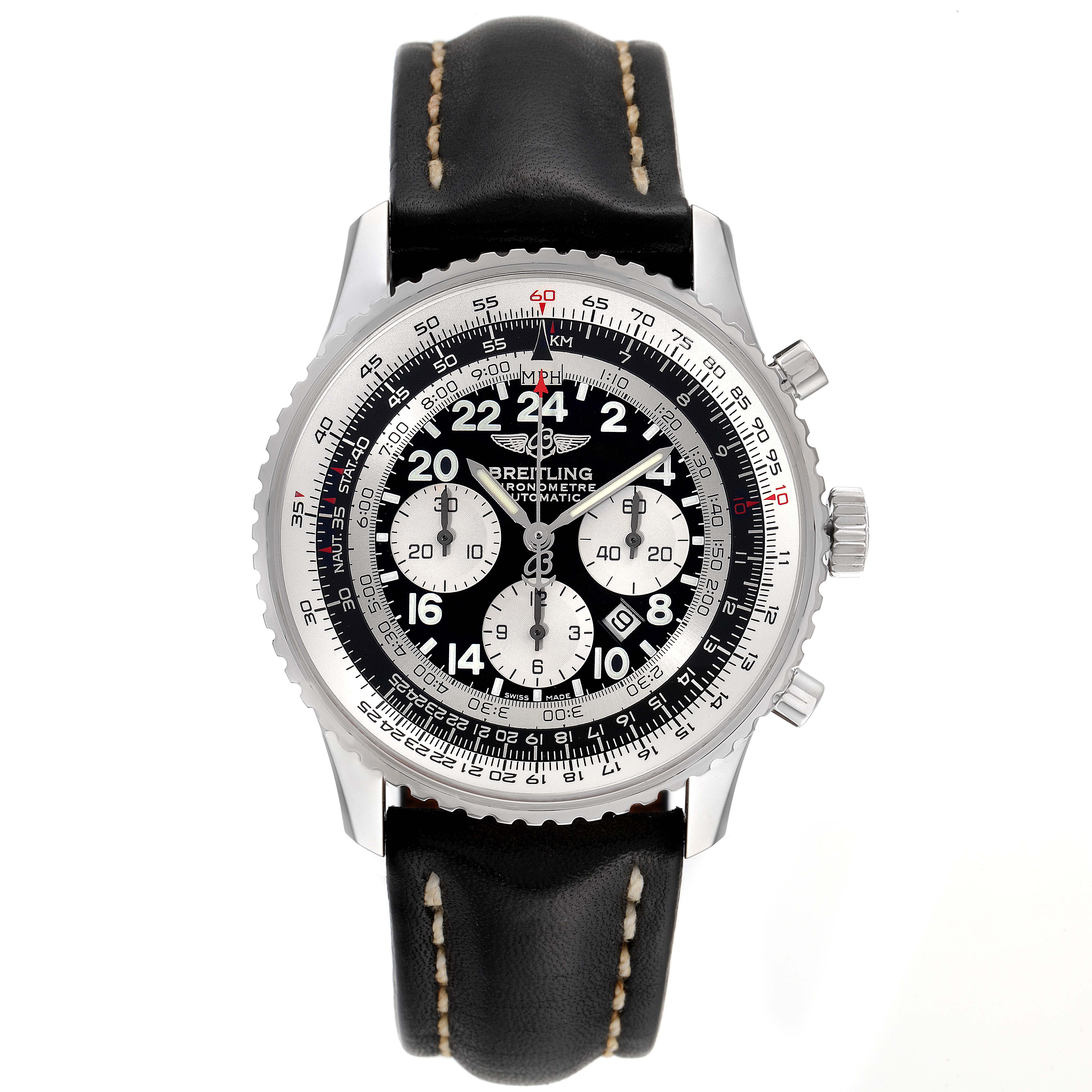 The image shows a front view of a Breitling Navitimer A22322 Men
s Stainless Steel Black Dial A22322 Men
s Stainless Steel Black Dial watch, highlighting its black dial, three sub-dials, and black leather strap.