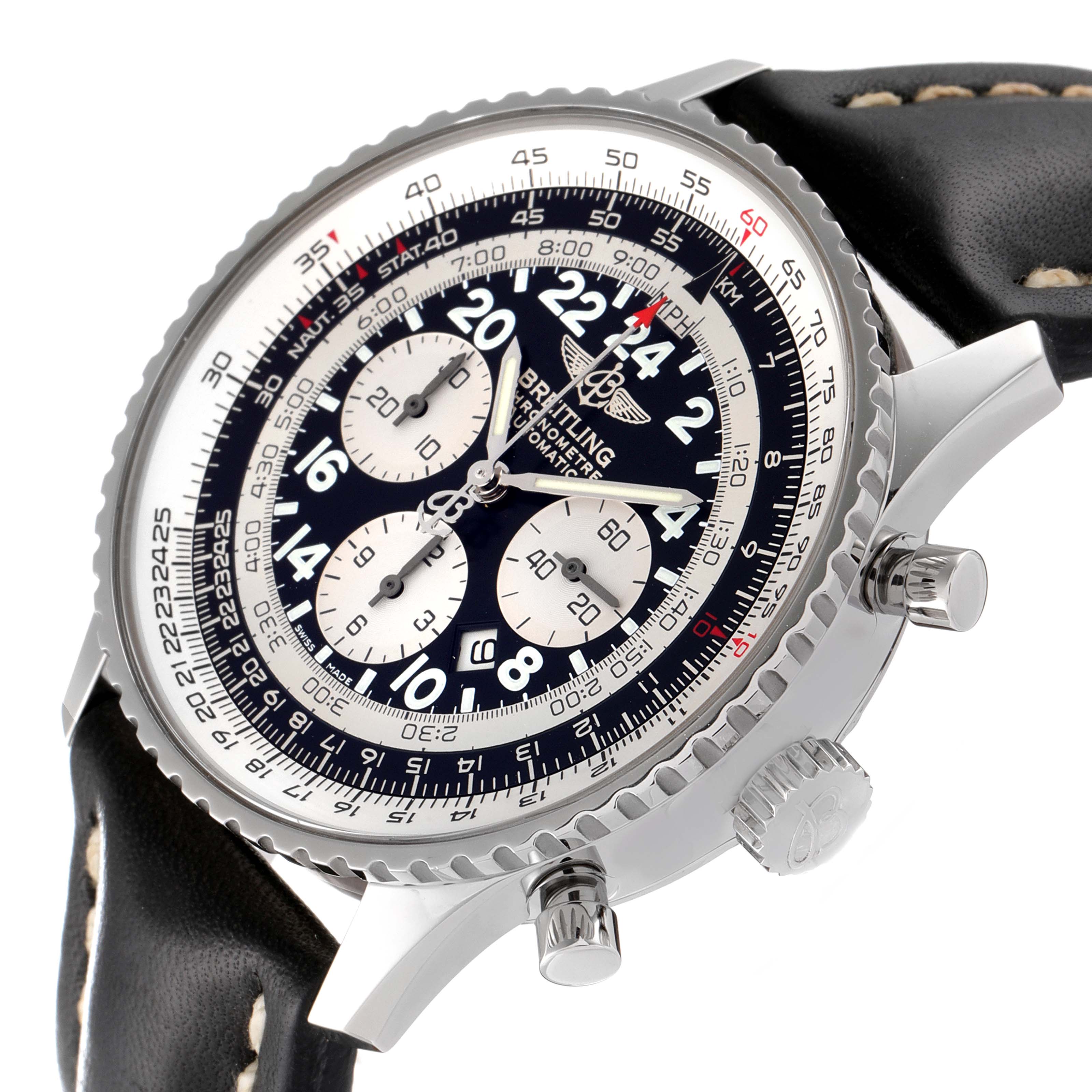 The image shows a close-up angle of the Breitling Navitimer A22322 Men
s Stainless Steel Black Dial A22322 Men
s Stainless Steel Black Dial watch, highlighting its dial, bezel, crown, and strap.
