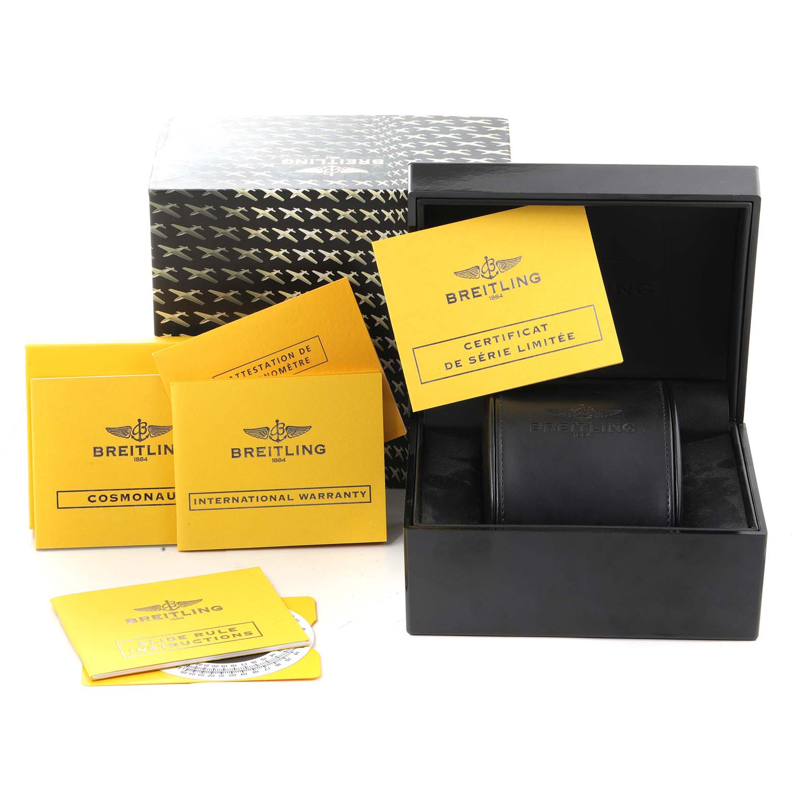 The image shows Breitling Navitimer A22322 Men
s Stainless Steel Black Dial A22322 Men
s Stainless Steel Black Dial packaging, manuals, and certificates, but the watch itself is not visible.