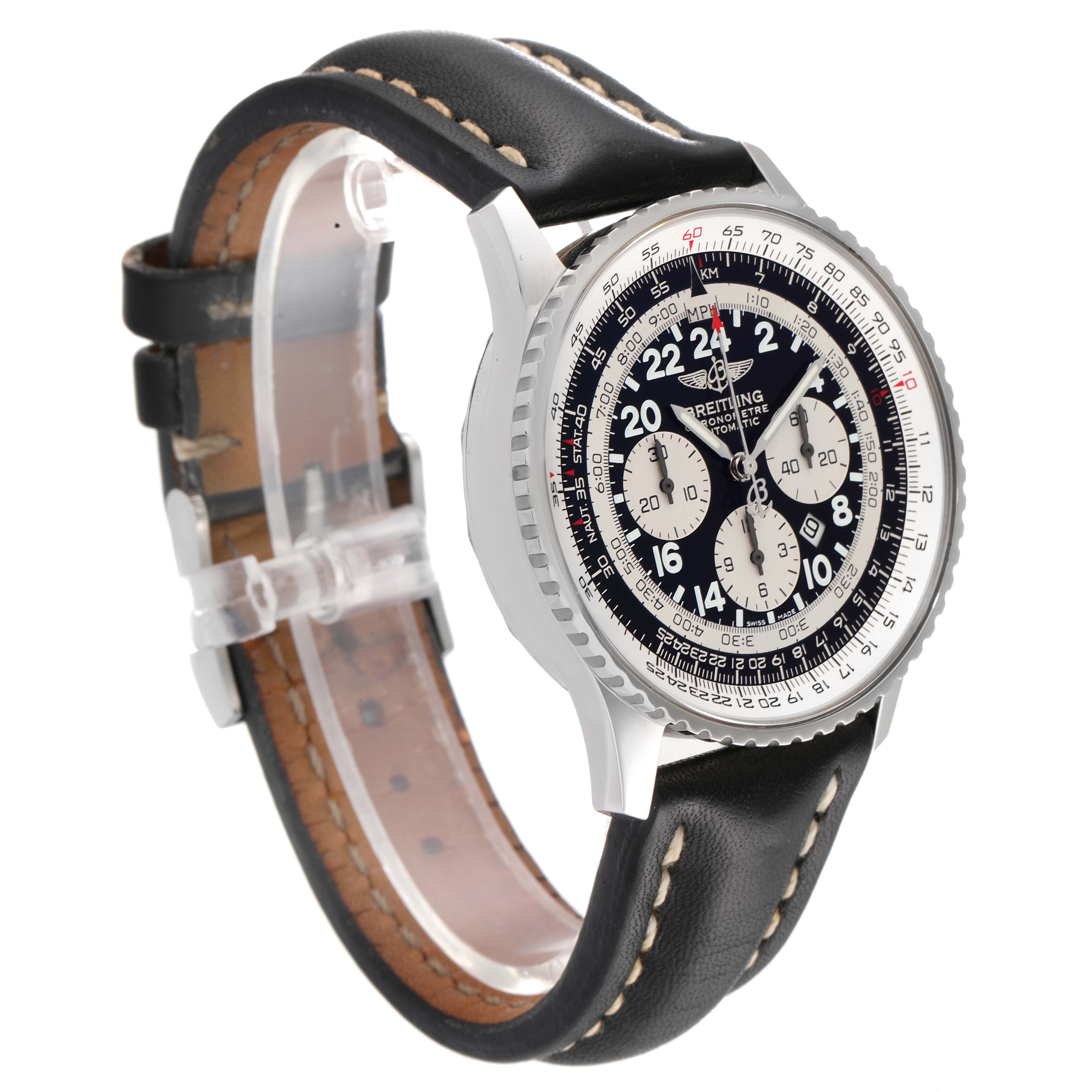 The Breitling Navitimer A22322 Men
s Stainless Steel Black Dial A22322 Men
s Stainless Steel Black Dial watch is shown at an angle, highlighting its dial and black leather strap with white stitching.