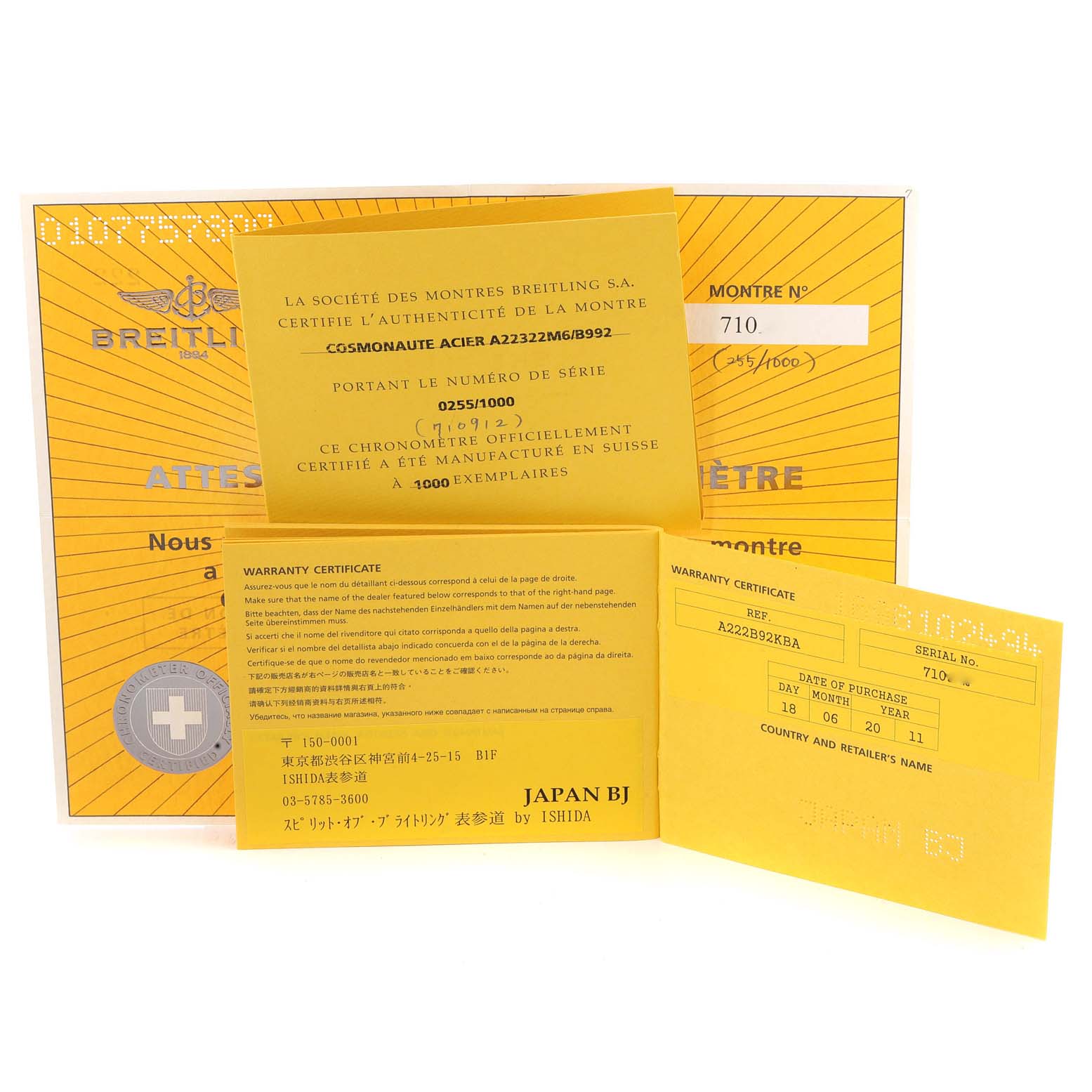 The image shows warranty certificates and Best Quality
ity documents for the Breitling Navitimer A22322 Men
s Stainless Steel Black Dial A22322 Men
s Stainless Steel Black Dial model, displayed from a straight-on angle.