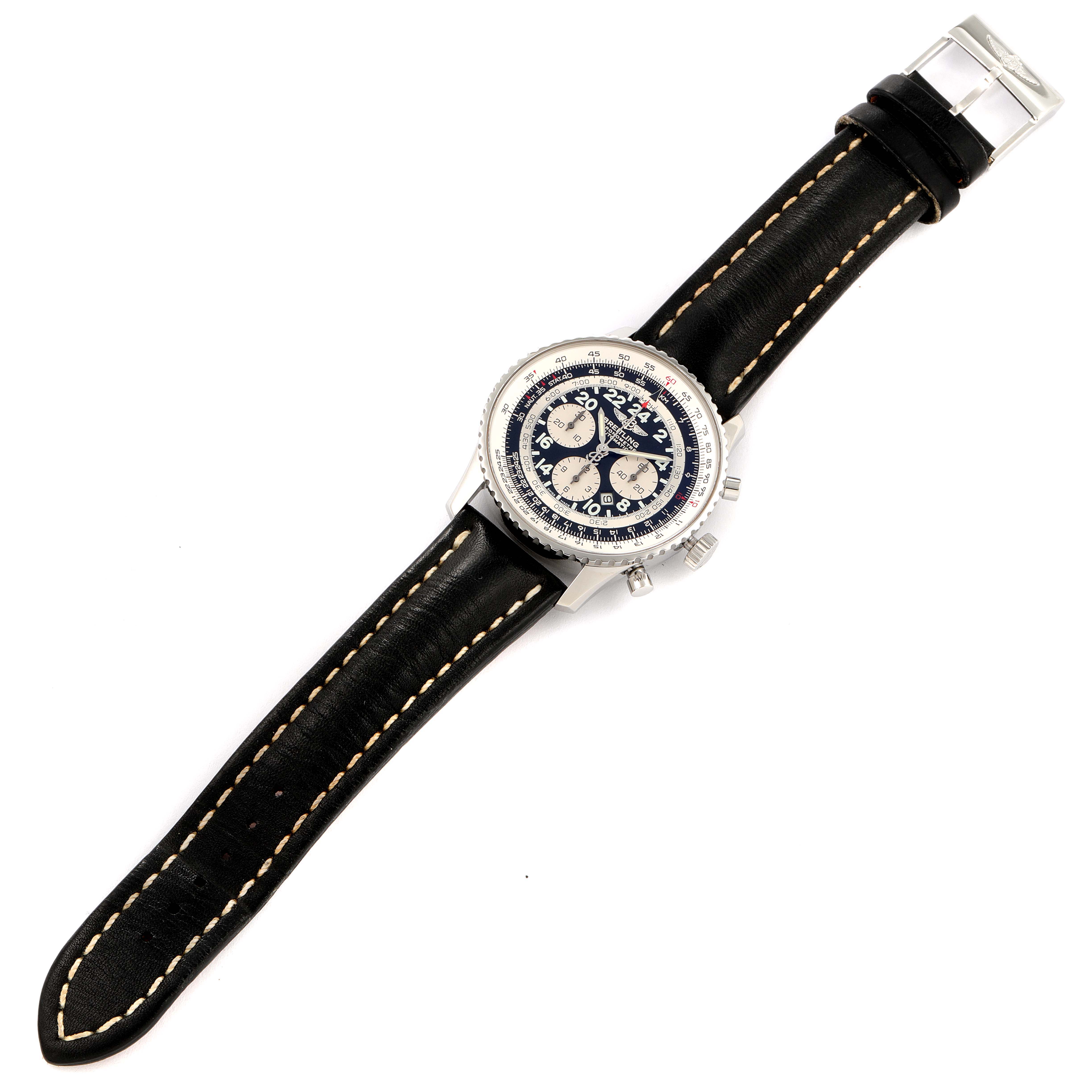 The image shows a top-down view of a Breitling Navitimer A22322 Men
s Stainless Steel Black Dial A22322 Men
s Stainless Steel Black Dial watch, displaying the entire face and both ends of the black leather strap.