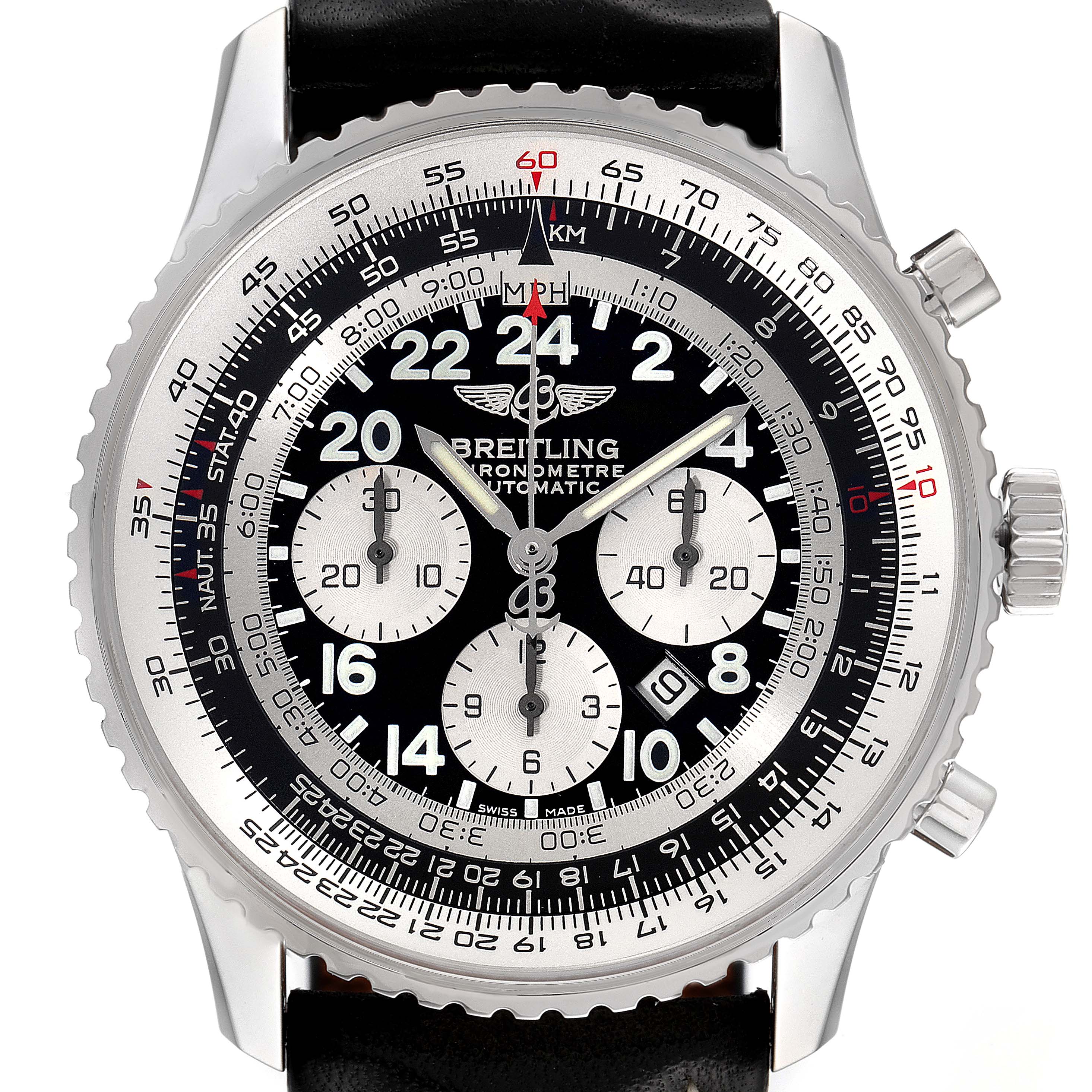 This image shows a front view of the Breitling Navitimer A22322 Men
s Stainless Steel Black Dial A22322 Men
s Stainless Steel Black Dial watch, detailing its dial, bezel, and crown.