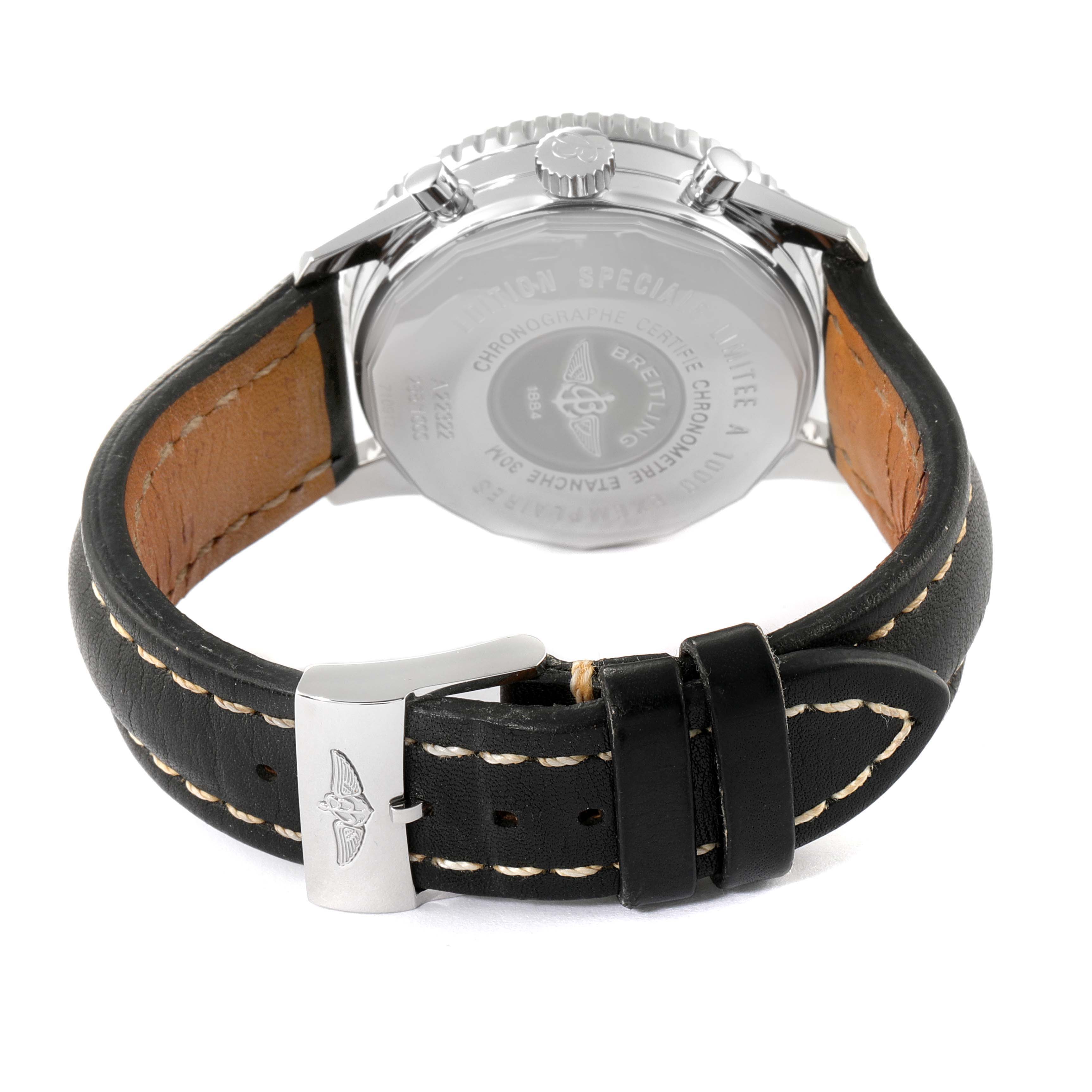 The image shows the back view of a Breitling Navitimer A22322 Men
s Stainless Steel Black Dial A22322 Men
s Stainless Steel Black Dial watch, focusing on the case back and leather strap with stitching.