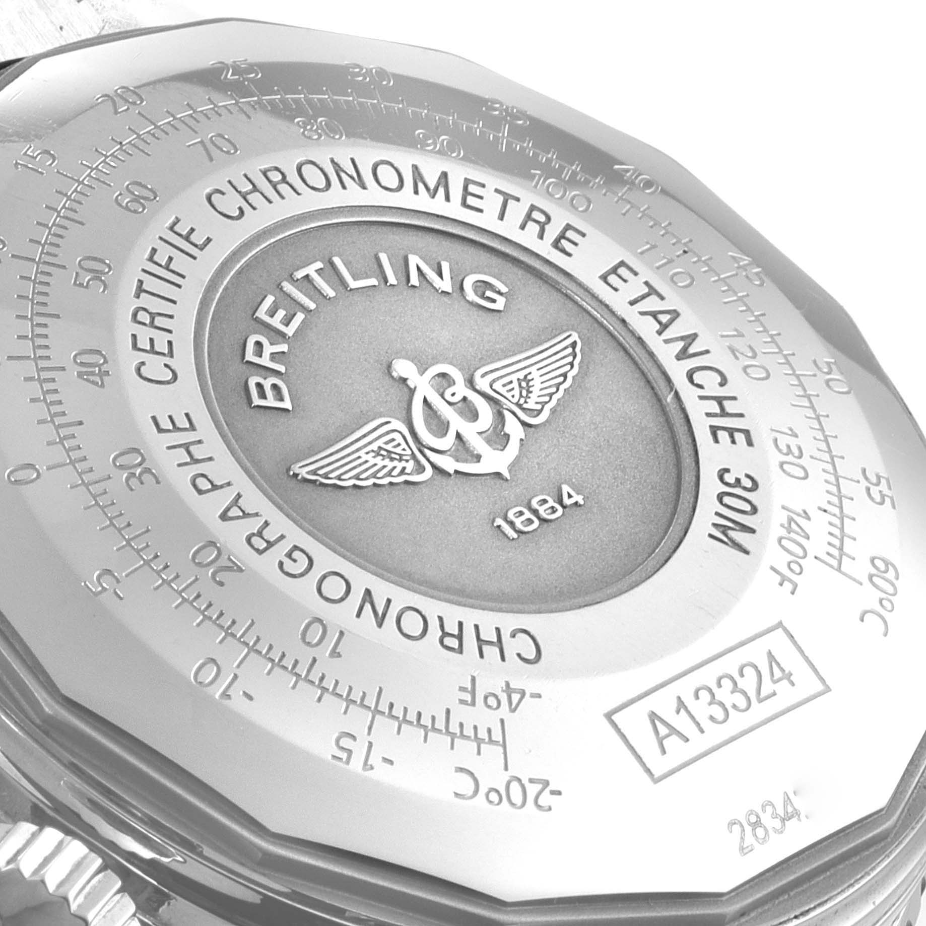 The image shows the back case of a Breitling Navitimer A13324 Men
s Stainless Steel Blue Dial A13324 Men
s Stainless Steel Blue Dial watch, detailing the brand logo, model number, and water resistance.