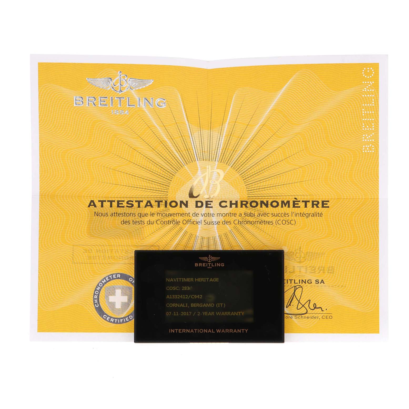 This image shows the Best Quality
ated certificate and warranty card for a Breitling Navitimer A13324 Men
s Stainless Steel Blue Dial A13324 Men
s Stainless Steel Blue Dial watch.