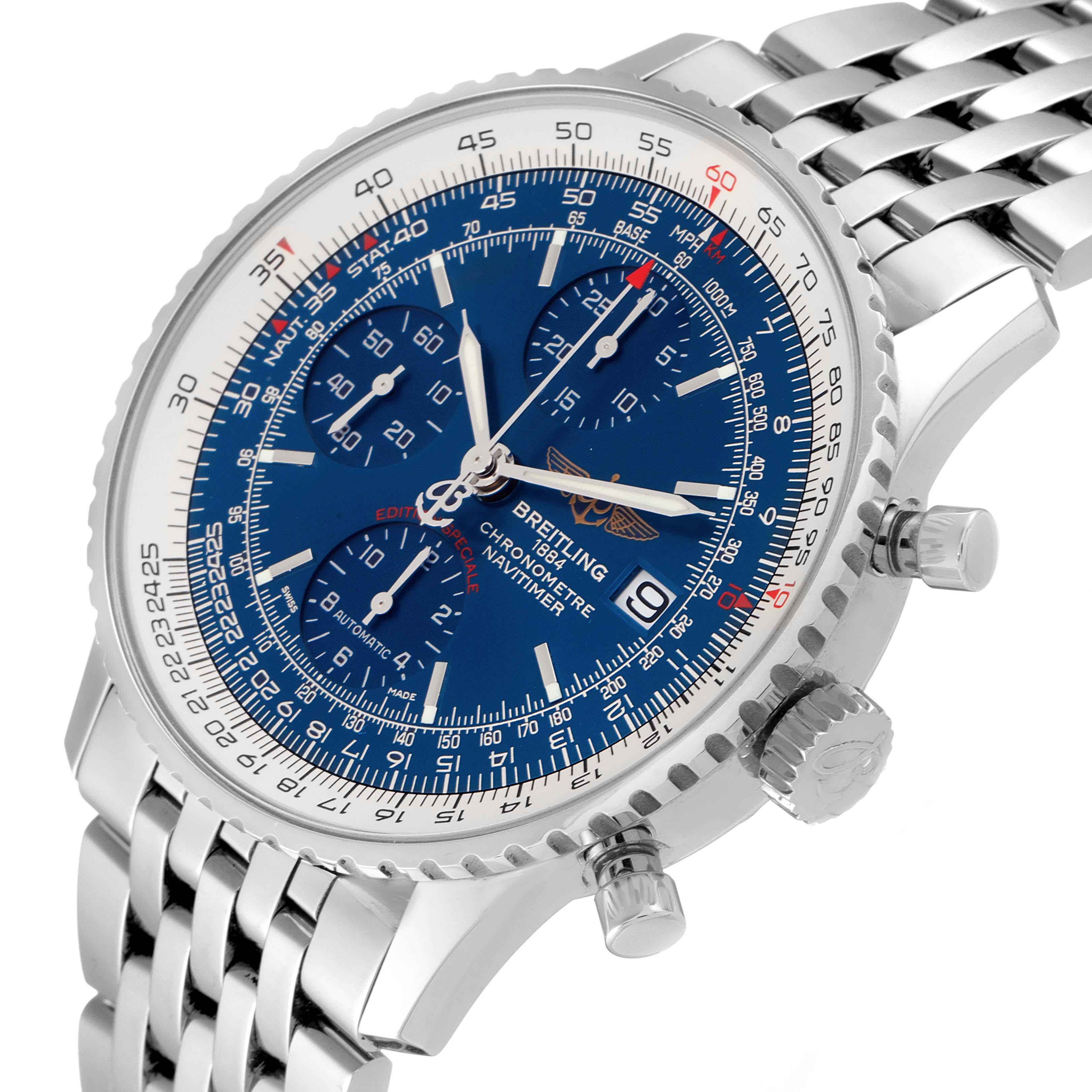 The image shows a Breitling Navitimer A13324 Men
s Stainless Steel Blue Dial A13324 Men
s Stainless Steel Blue Dial watch from an oblique angle, highlighting its dial, bezel, crown, and bracelet.